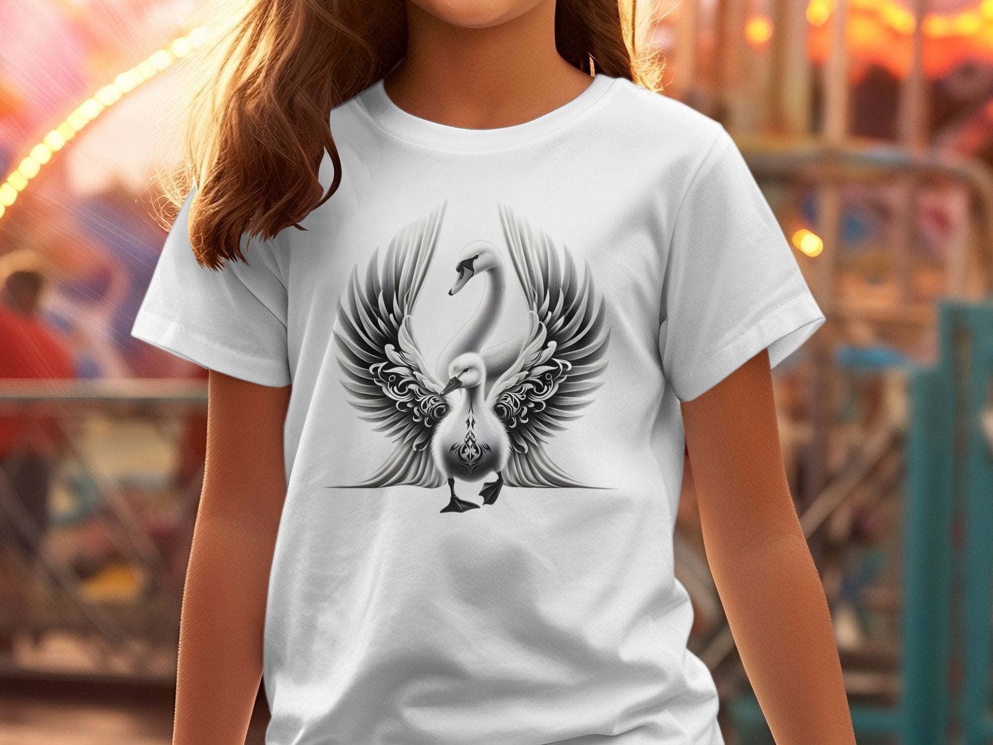 Swan & Cygnet- Black White Gildan Kids T-Shirt Realistic Family Talisman Unisex Tee Graphic Design