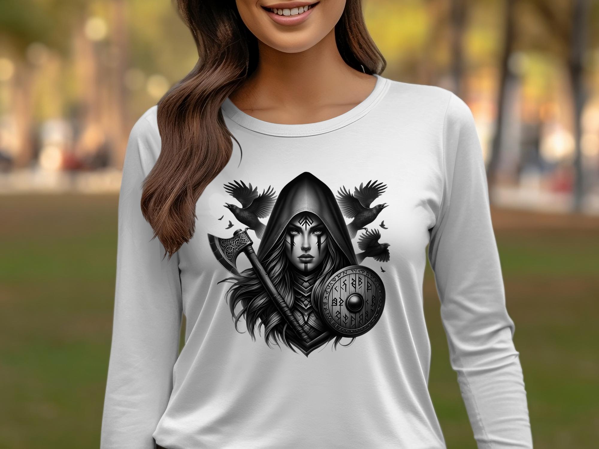 Viking Shield Maiden - Coloured Gildan Long Sleeve Realistic Norse Talisman Men Women Unisex Valhalla Tee Graphic Design