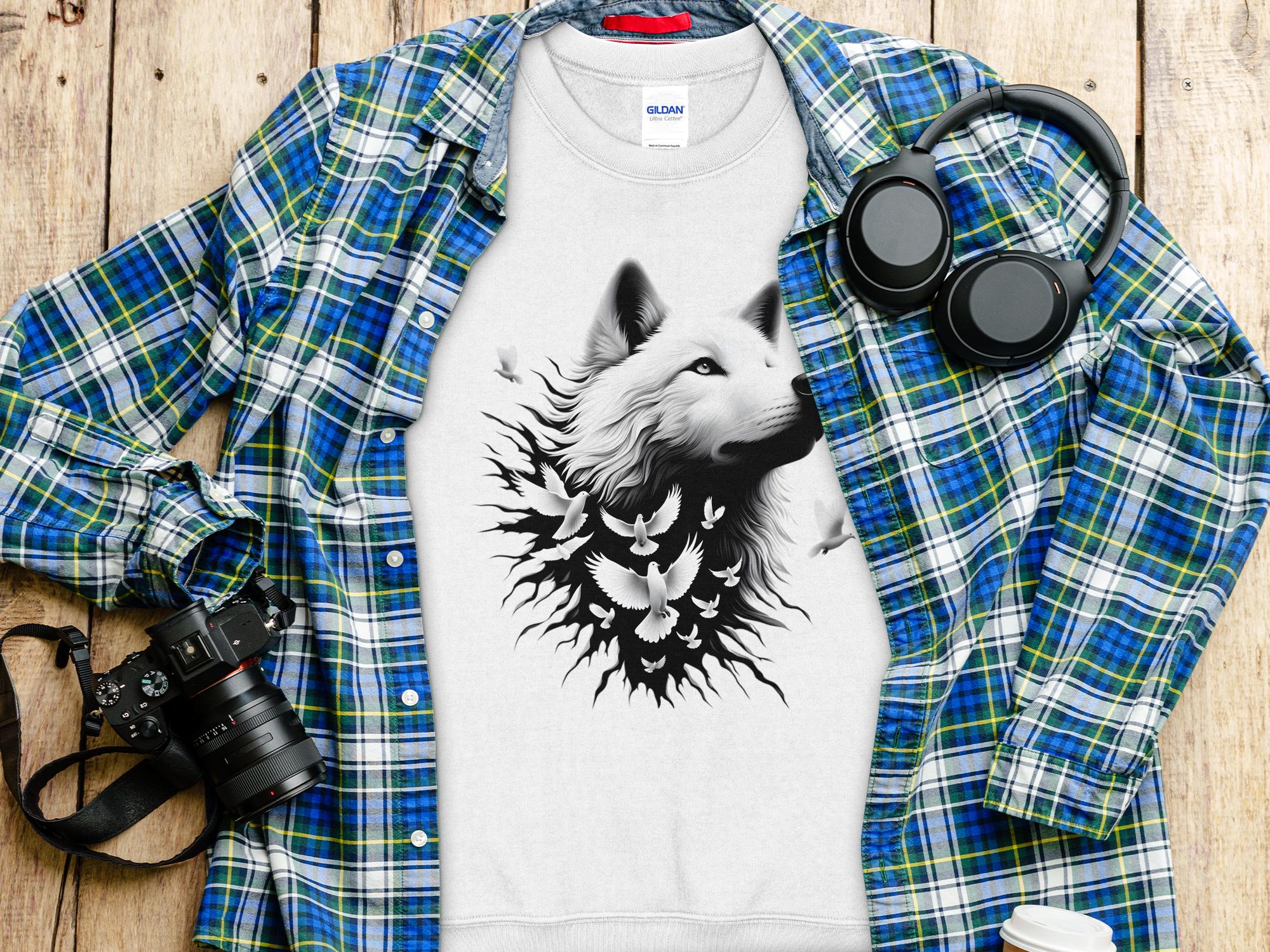 Wolf x Doves - Black White Gildan Sweatshirt Realistic Animal Talisman Unisex Tee Graphic Design