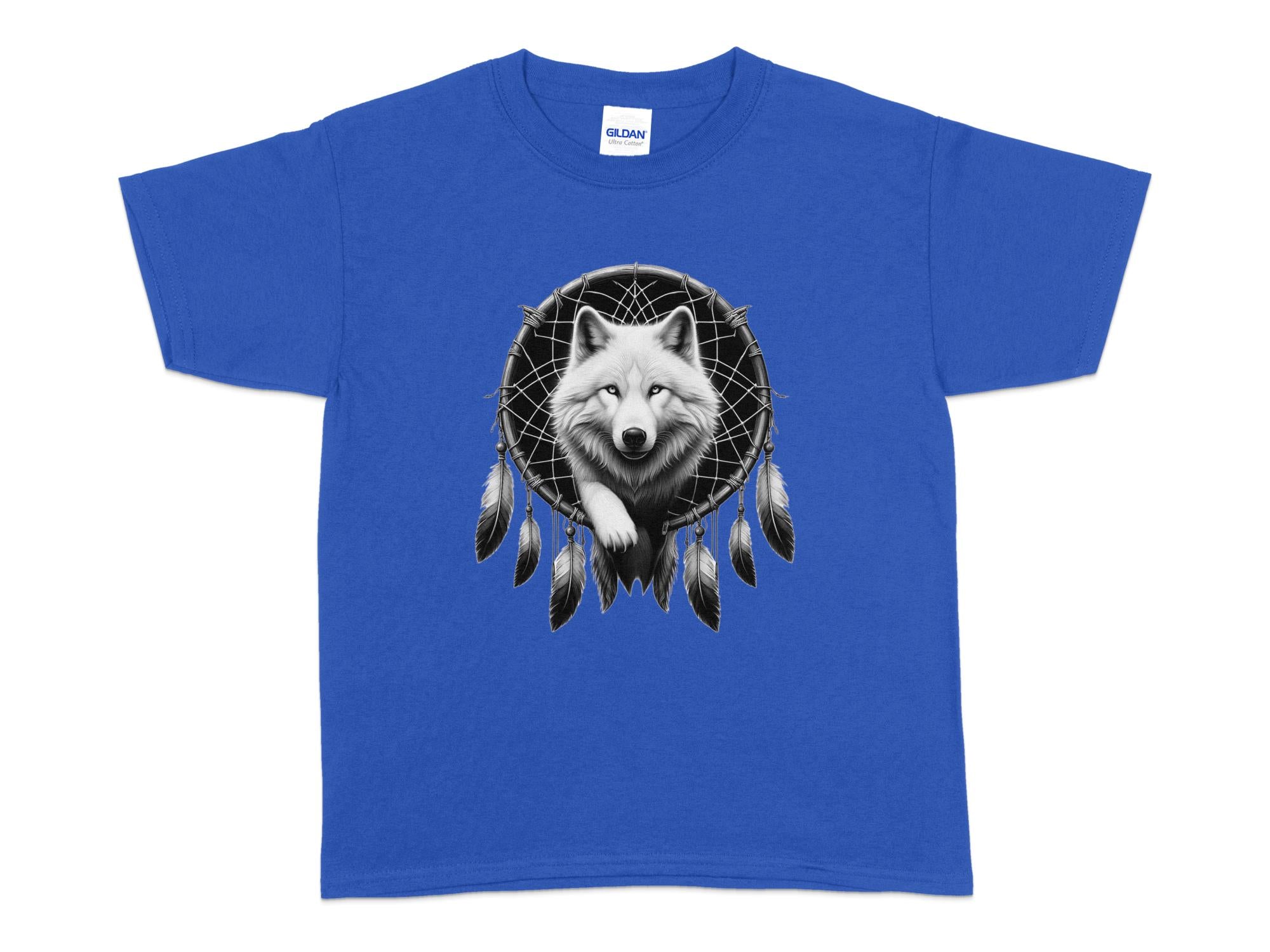 Dreamcatcher Wolf - Coloured Gildan Kids T-Shirt Realistic Native American Talisman Unisex Mythology Tee Graphic Design