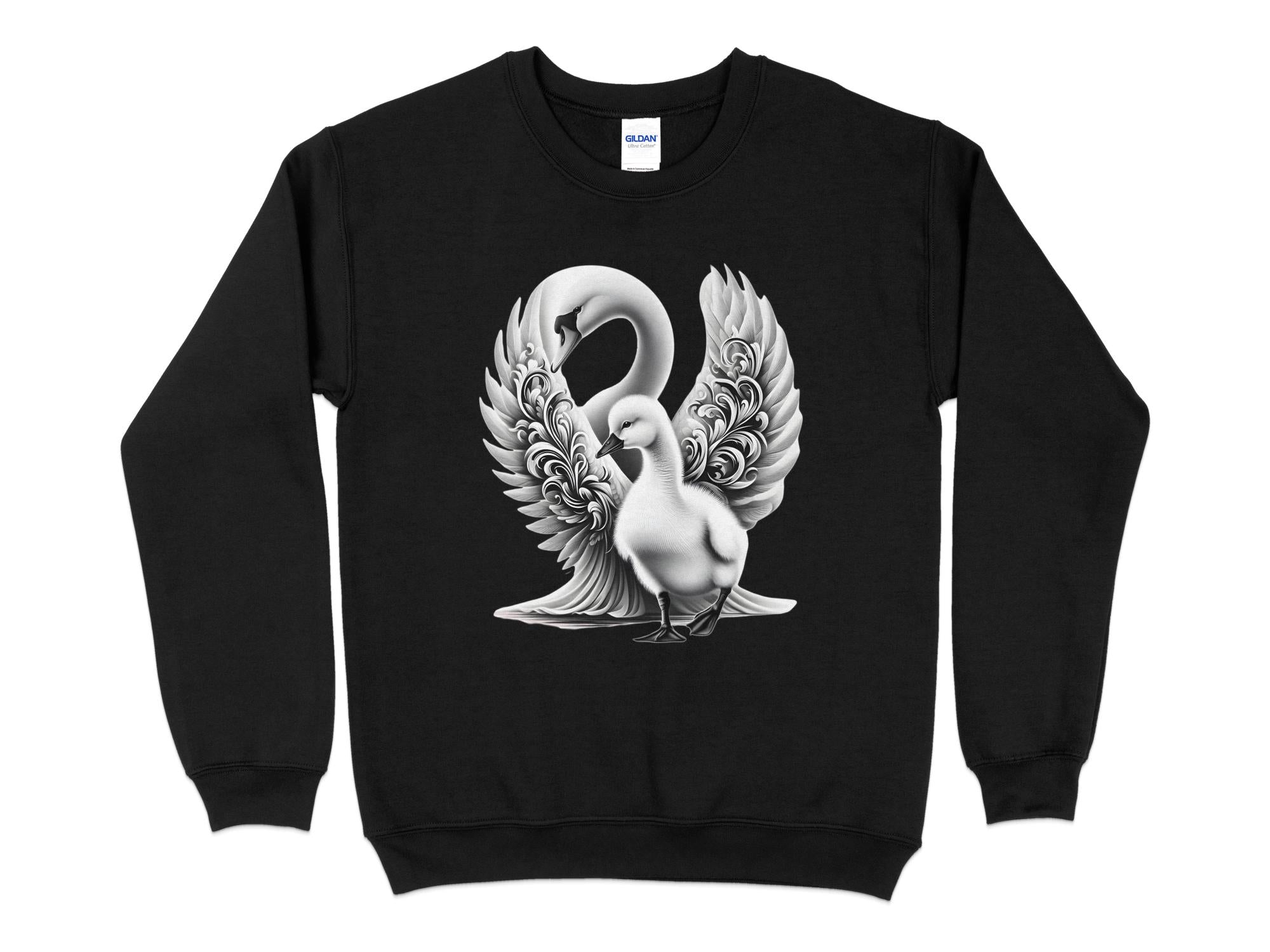 Swan & Cygnet- Black White Gildan Sweatshirt Realistic Family Talisman Unisex Tee Graphic Design