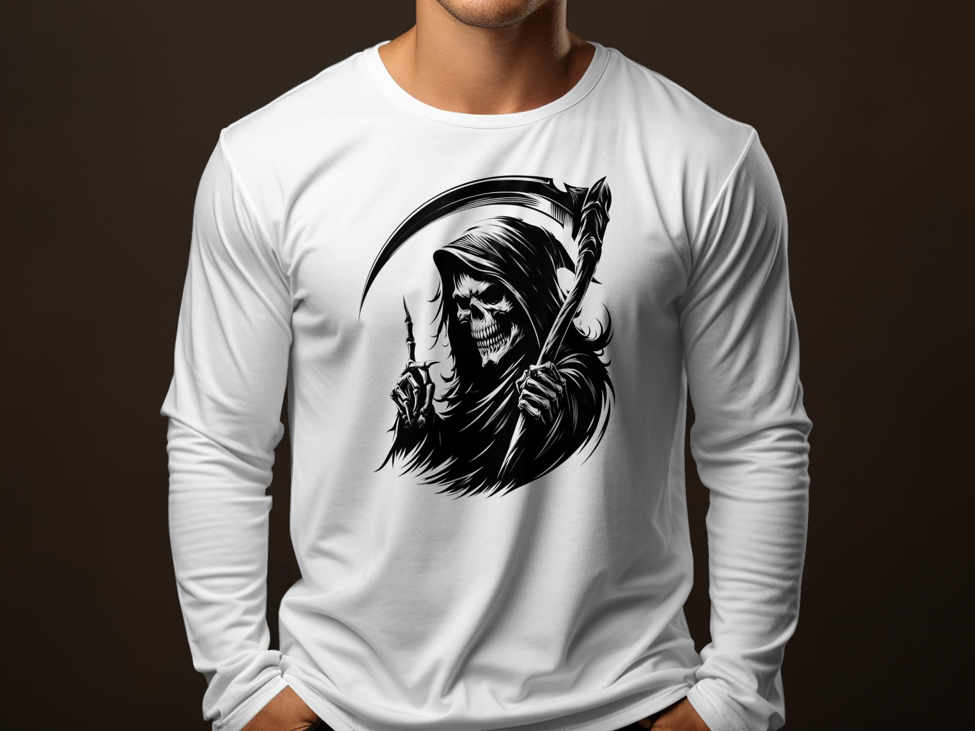 Grim Reaper - Black White Gildan Long Sleeve Commemorative Talisman Unisex Tee Graphic Design