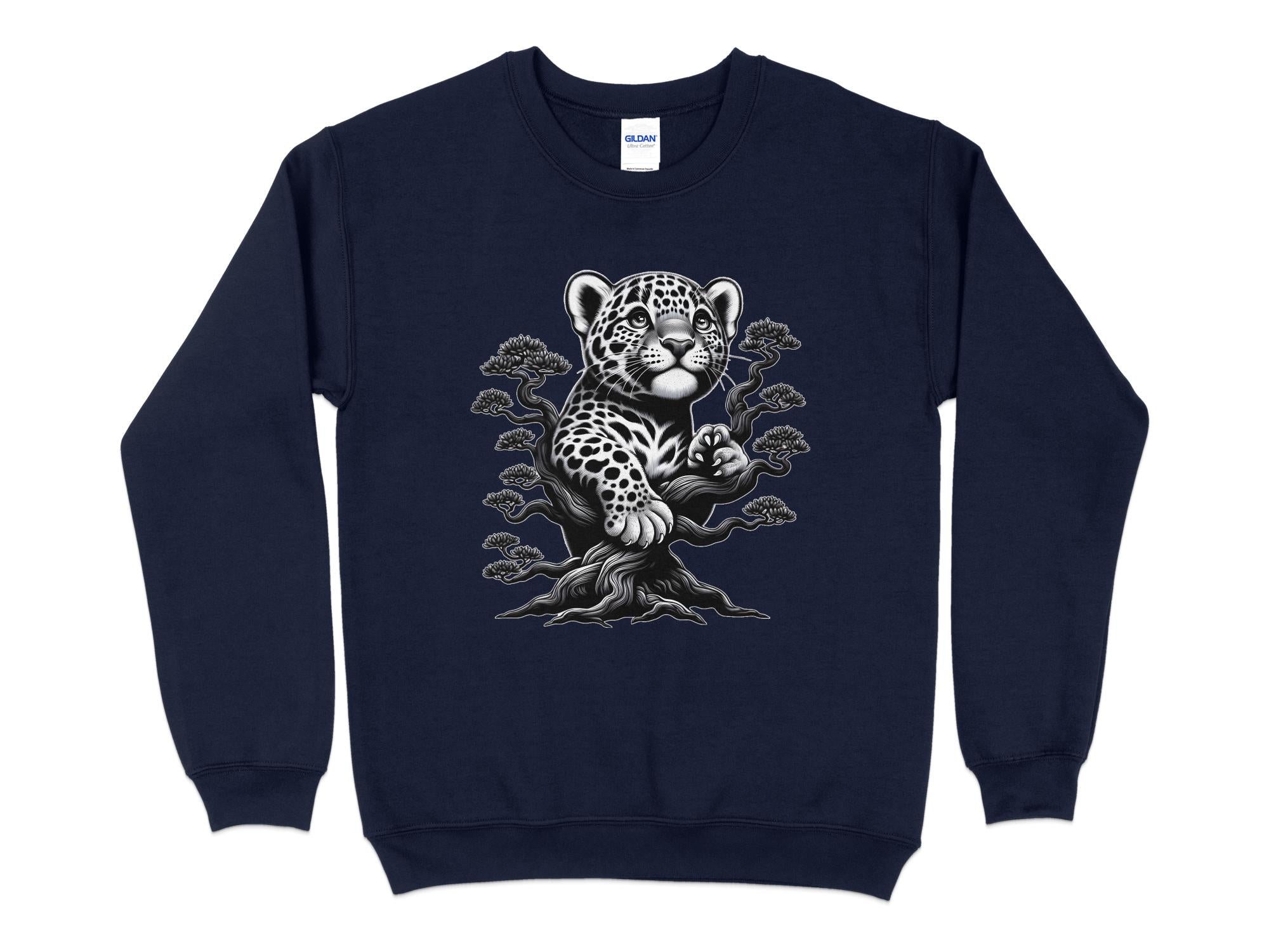 Leopard Bonsai - Coloured Gildan Sweatshirt Realistic Animal Talisman Unisex Cute Tee Graphic Design