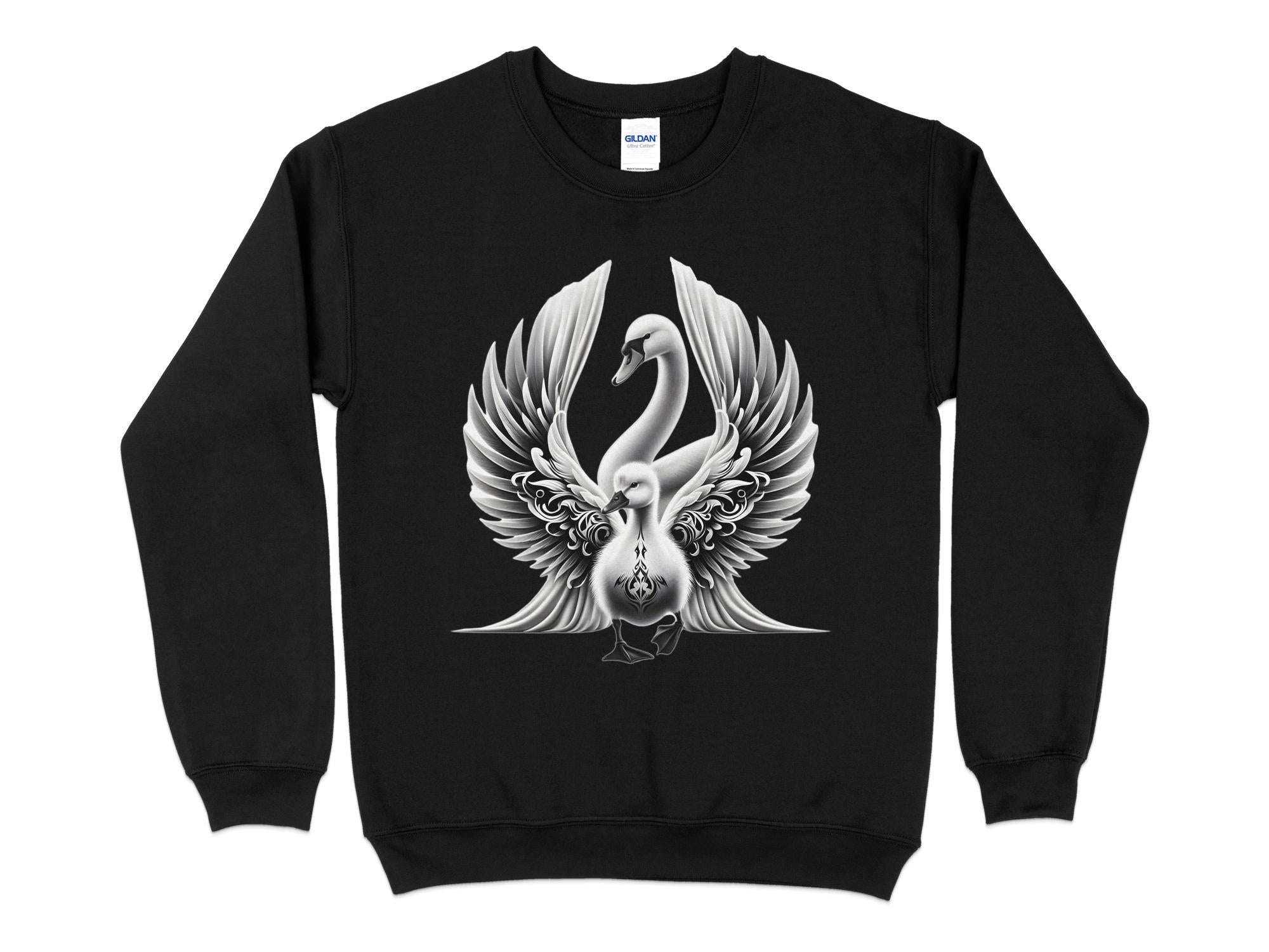 Swan & Cygnet- Black White Gildan Sweatshirt Realistic Family Talisman Unisex Tee Graphic Design