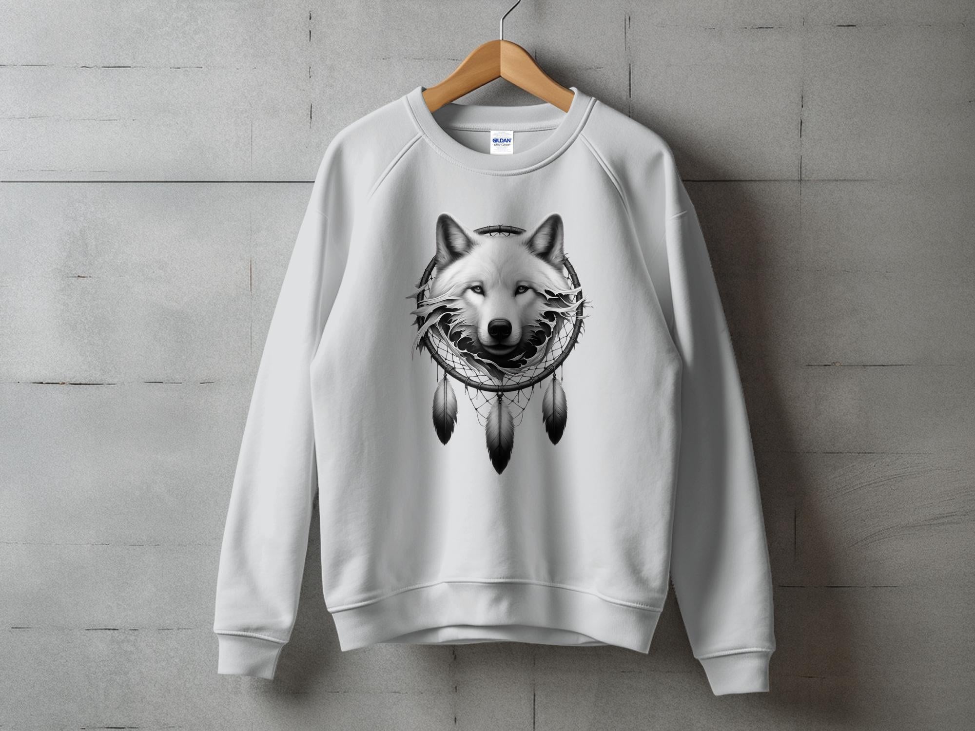 Dreamcatcher Wolf - Coloured Gildan Sweatshirt Realistic Native American Talisman Unisex Mythology Tee Graphic Design