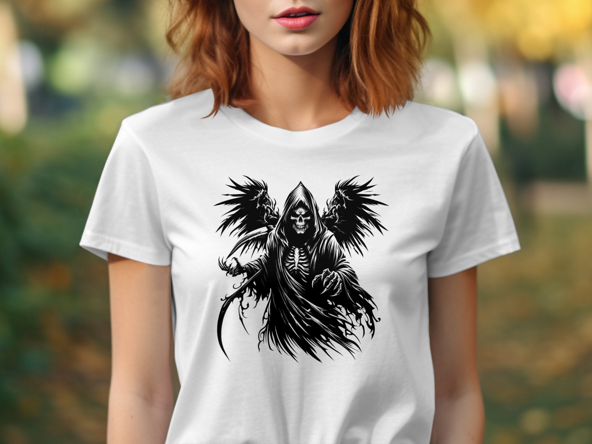 Grim Reaper - Black White Gildan T-Shirt Commemorative Talisman Unisex Tee Graphic Design