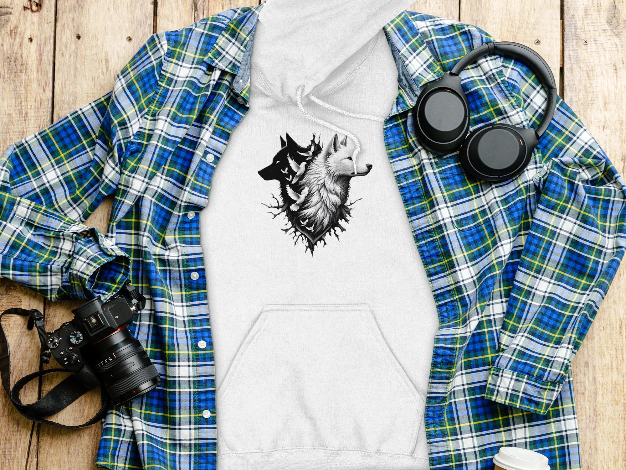 Wolf x Doves - Black White Gildan Hoodie Realistic Animal Talisman Unisex Tee Graphic Design