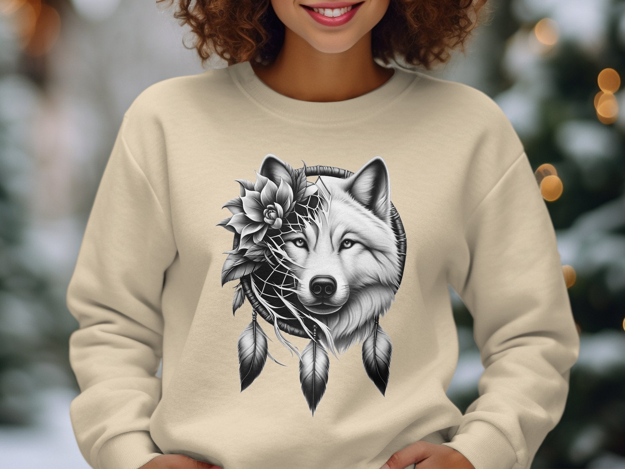 Dreamcatcher Wolf - Coloured Gildan Sweatshirt Realistic Native American Talisman Unisex Mythology Tee Graphic Design