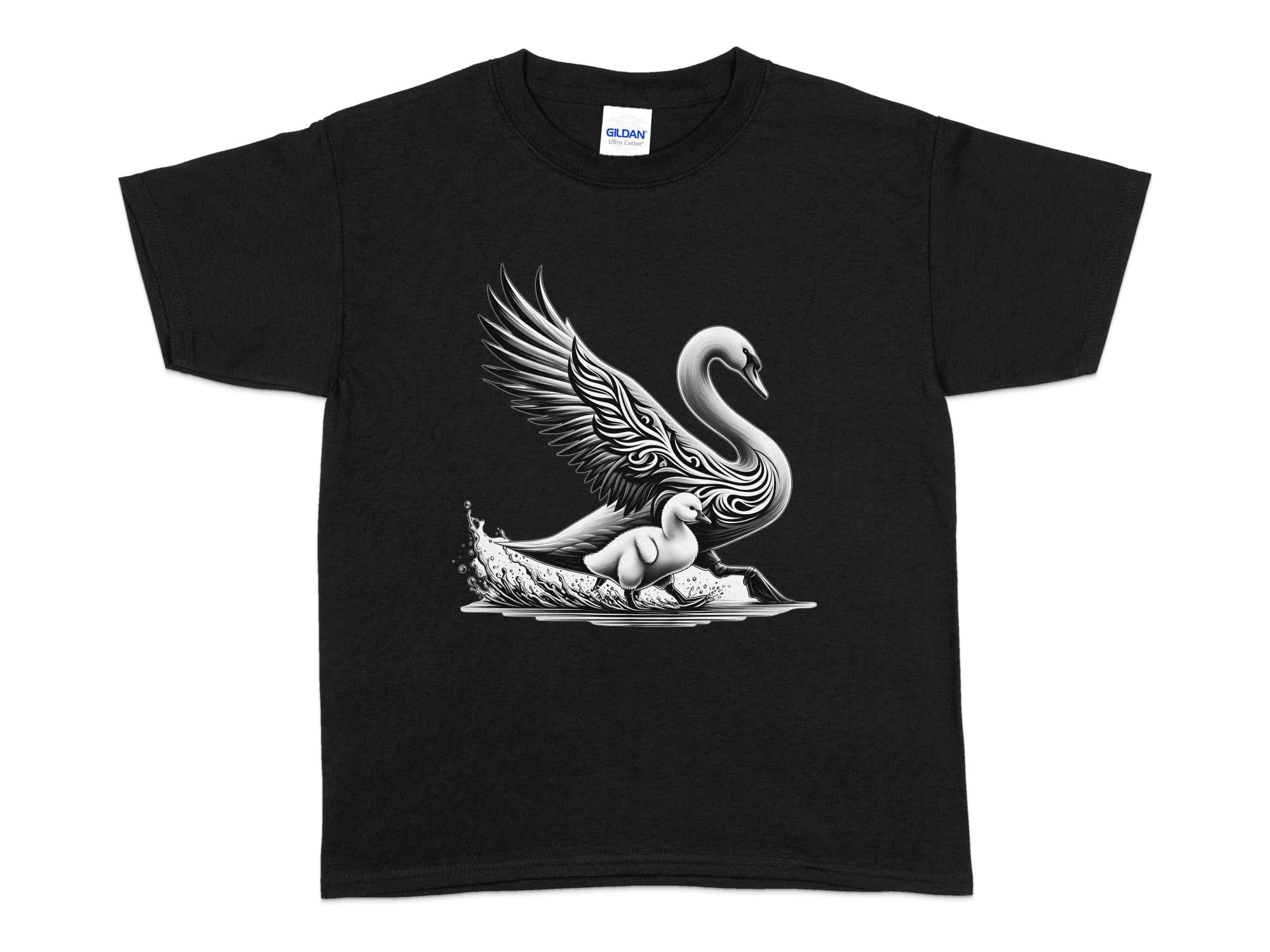 Swan & Cygnet- Black White Gildan Kids T-Shirt Realistic Family Talisman Unisex Tee Graphic Design