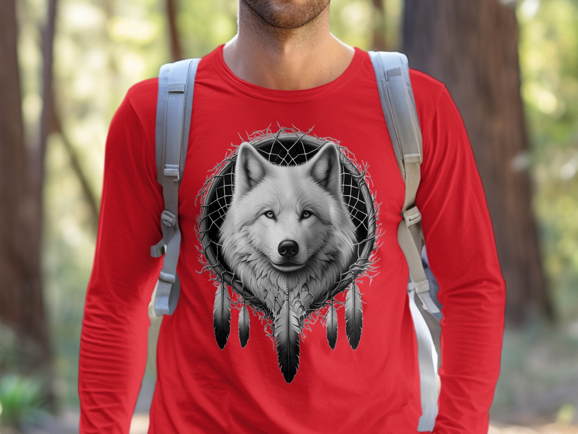 Dreamcatcher Wolf - Coloured Gildan Long Sleeve Realistic Native American Talisman Unisex Mythology Tee Graphic Design