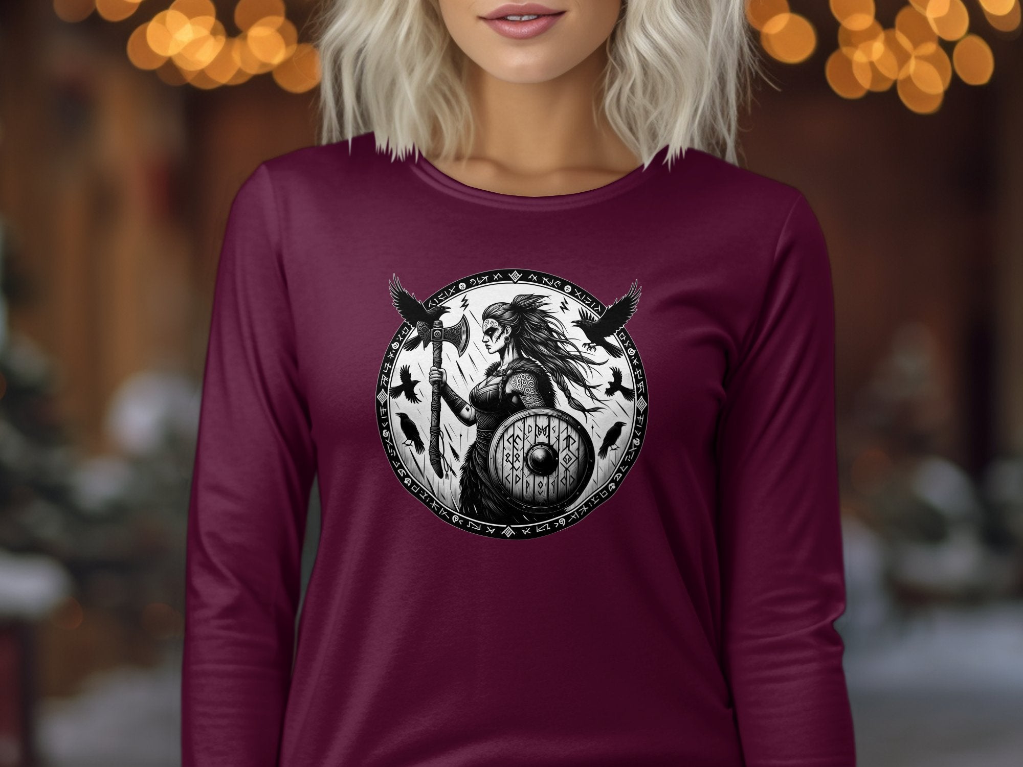 Viking Shield Maiden - Coloured Gildan Long Sleeve Realistic Norse Talisman Men Women Unisex Valhalla Tee Graphic Design