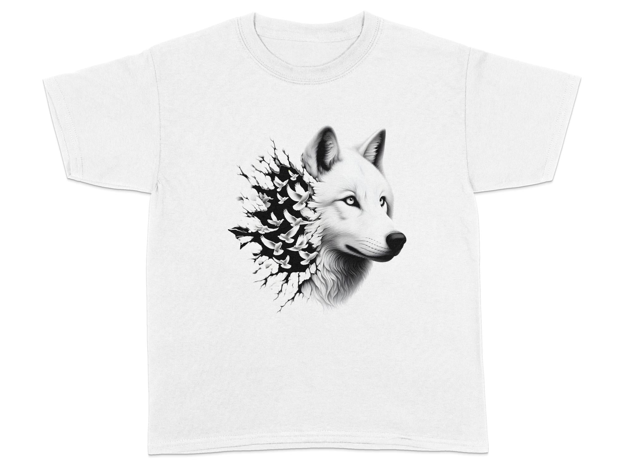 Wolf x Doves - Black White Gildan Kids T-Shirt Realistic Animal Talisman Unisex Tee Graphic Design