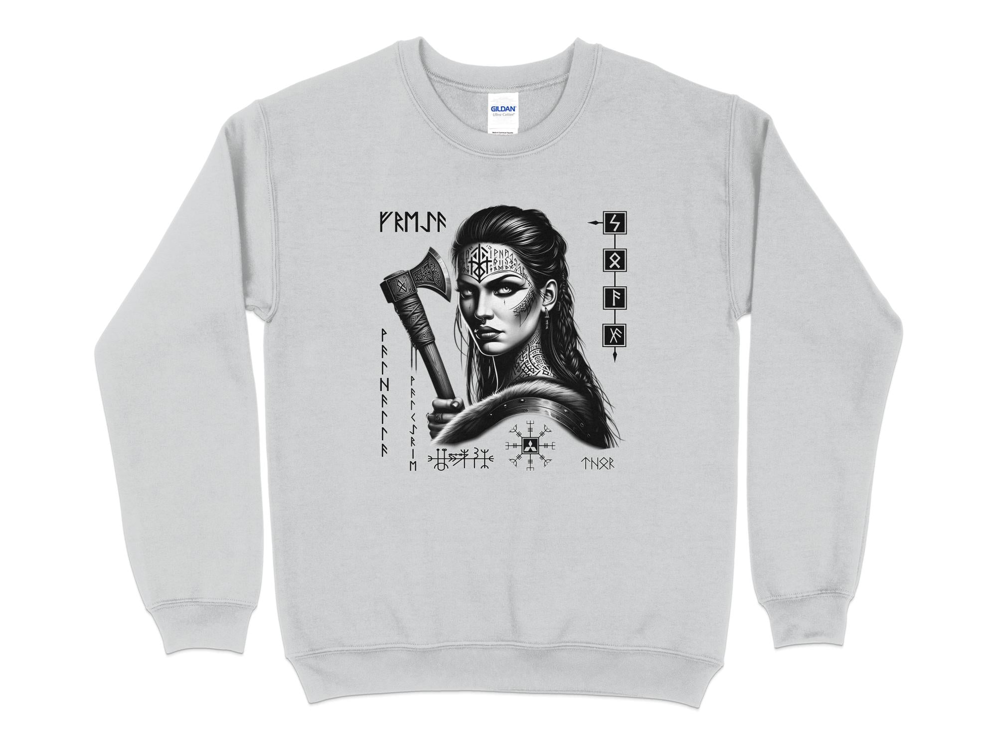 Viking Shield Maiden - Coloured Gildan Sweatshirt Realistic Norse Talisman Men Women Unisex Valhalla Tee Graphic Design