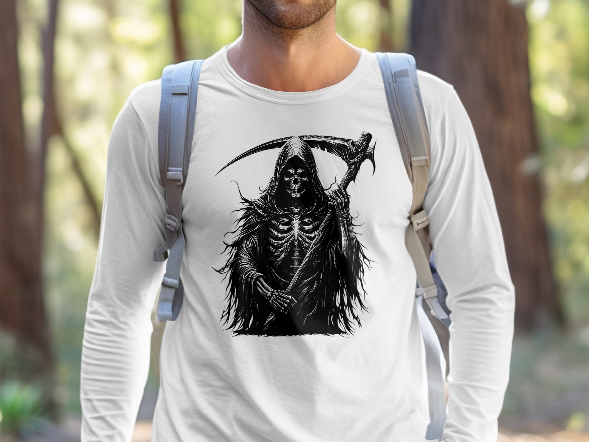 Grim Reaper - Black White Gildan Long Sleeve Commemorative Talisman Unisex Tee Graphic Design