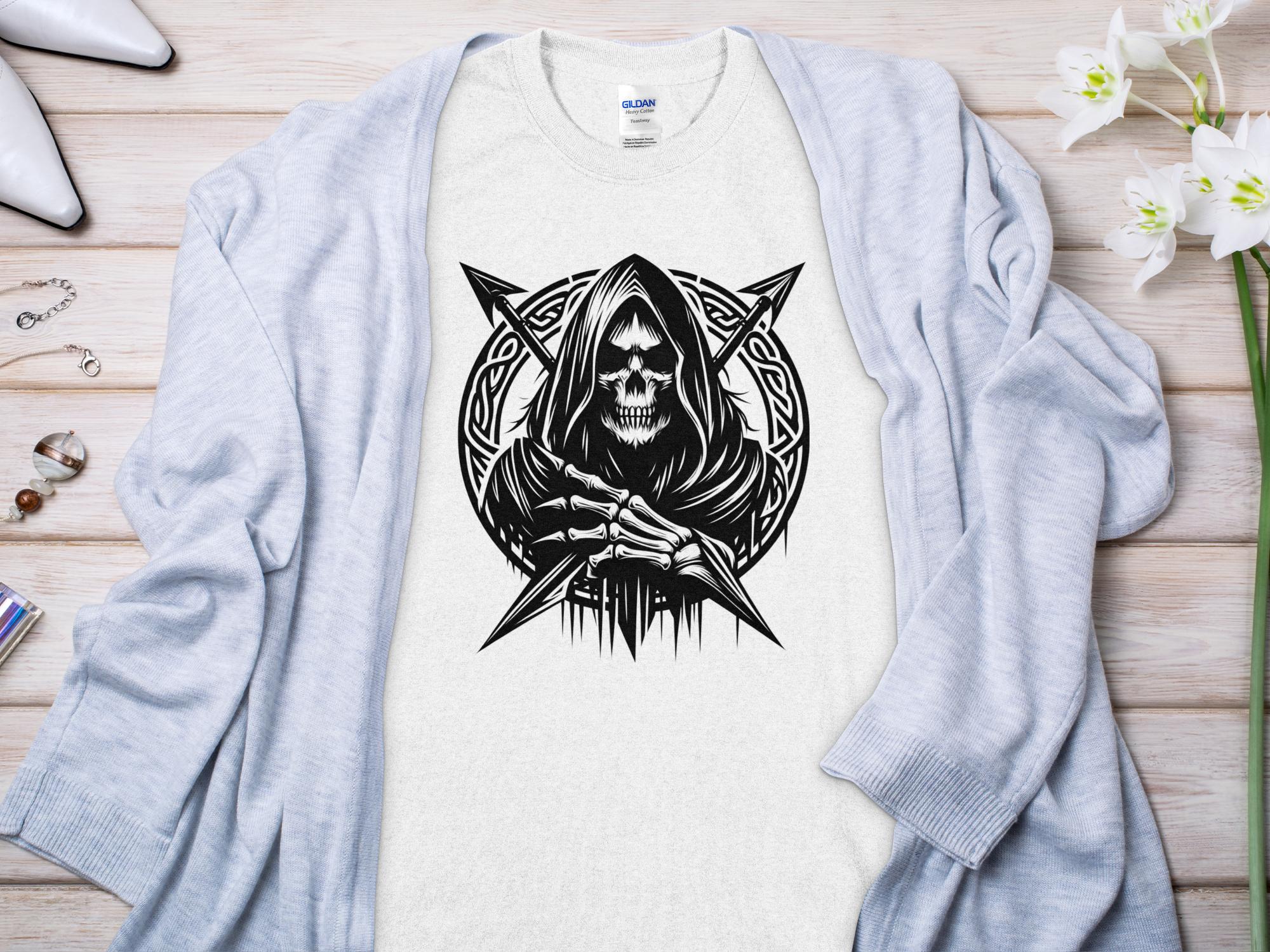 Grim Reaper - Black White Gildan T-Shirt Commemorative Talisman Unisex Tee Graphic Design