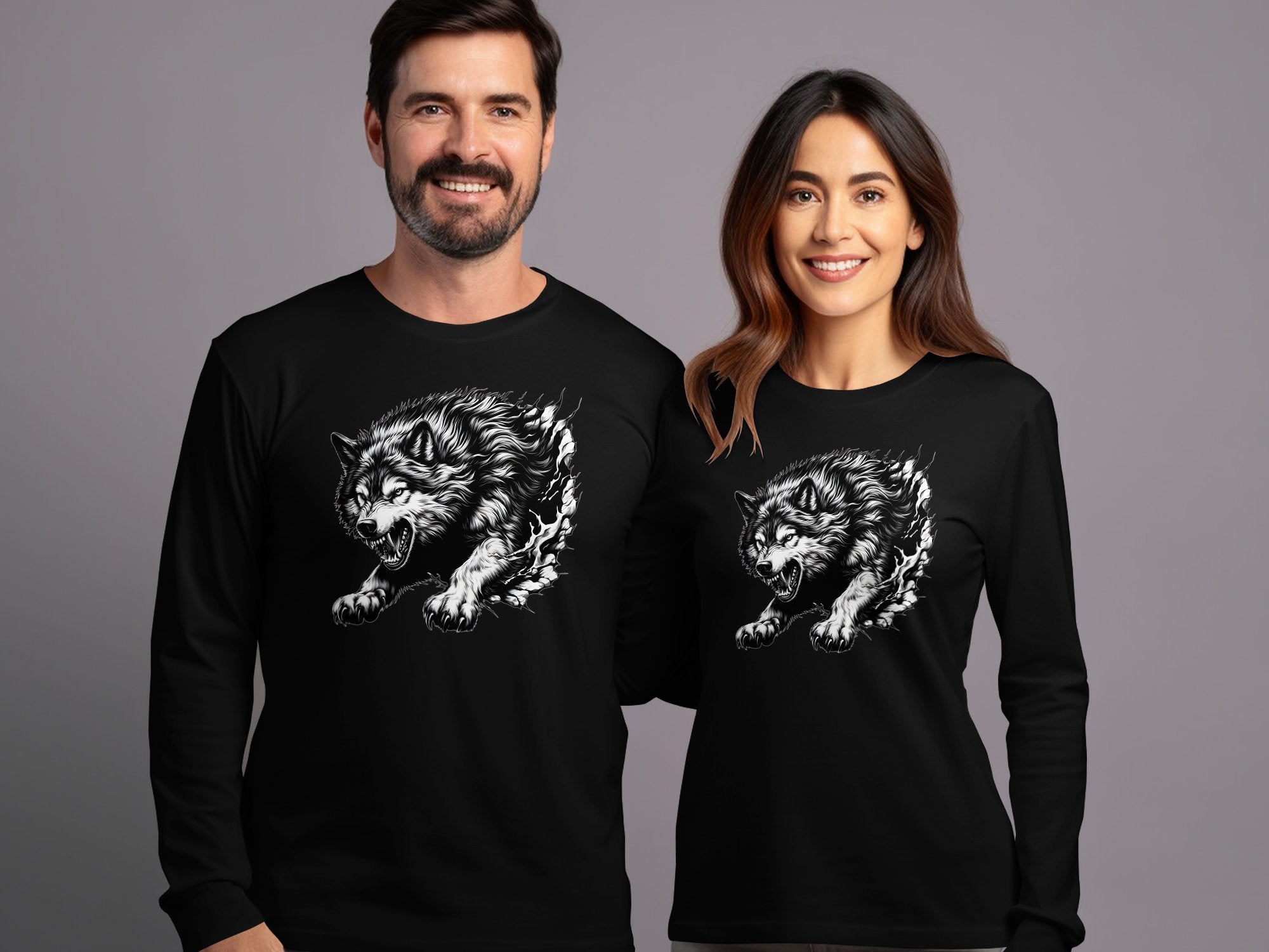 Wolf Tribal - Black White Gildan Long Sleeve Realistic Animal Talisman Unisex Tee Graphic Design