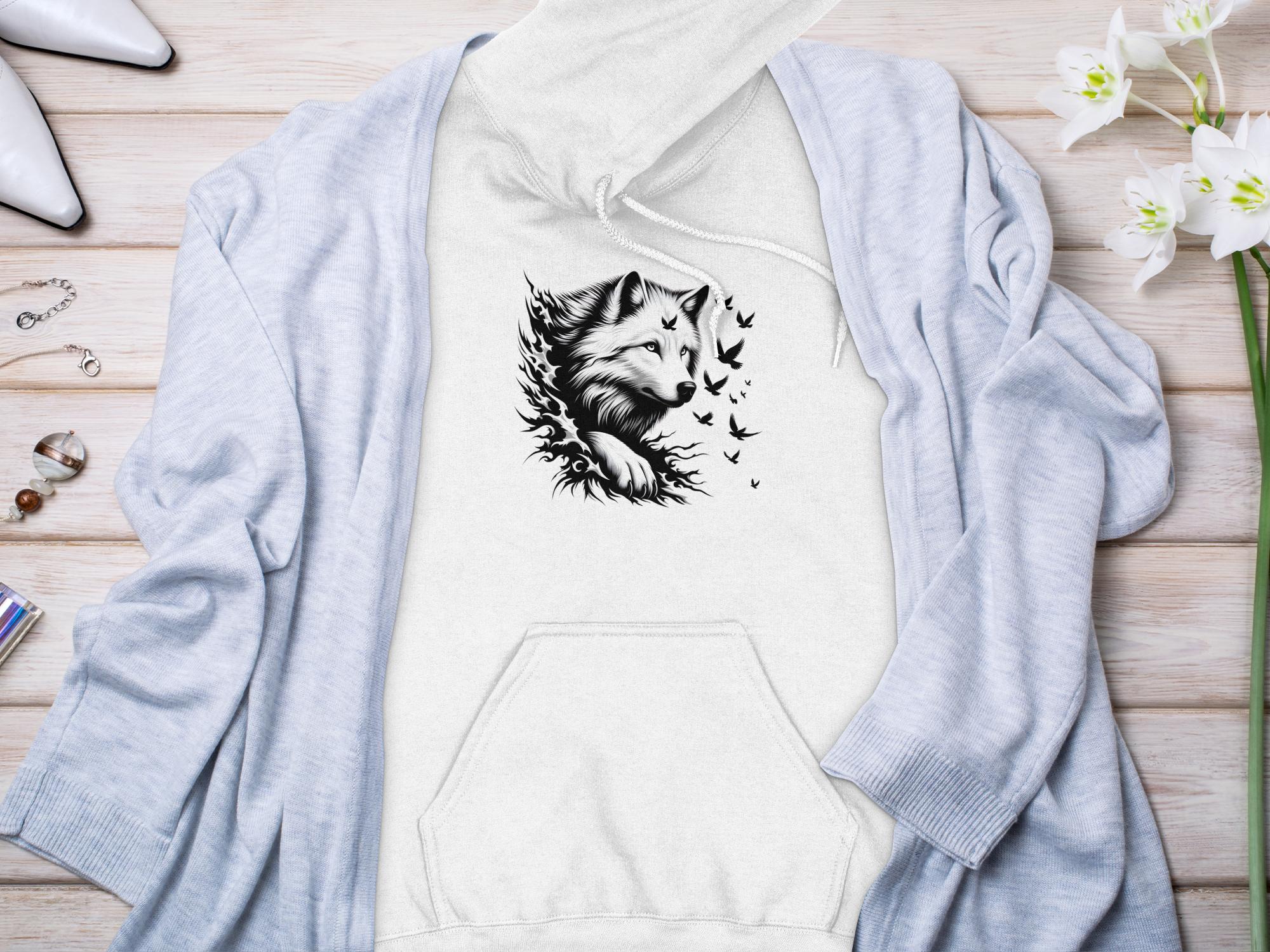 Wolf x Doves - Black White Gildan Hoodie Realistic Animal Talisman Unisex Tee Graphic Design