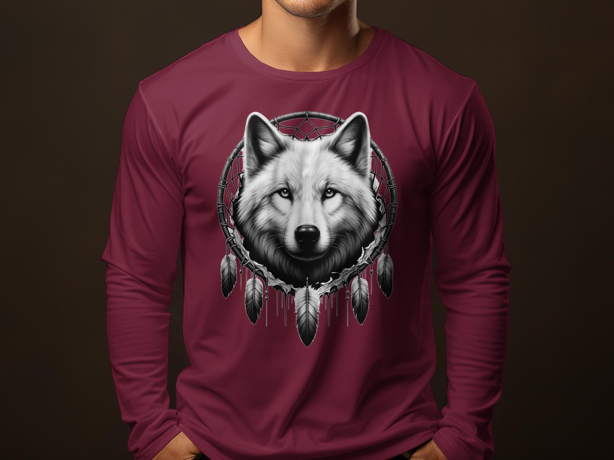 Dreamcatcher Wolf - Coloured Gildan Long Sleeve Realistic Native American Talisman Unisex Mythology Tee Graphic Design