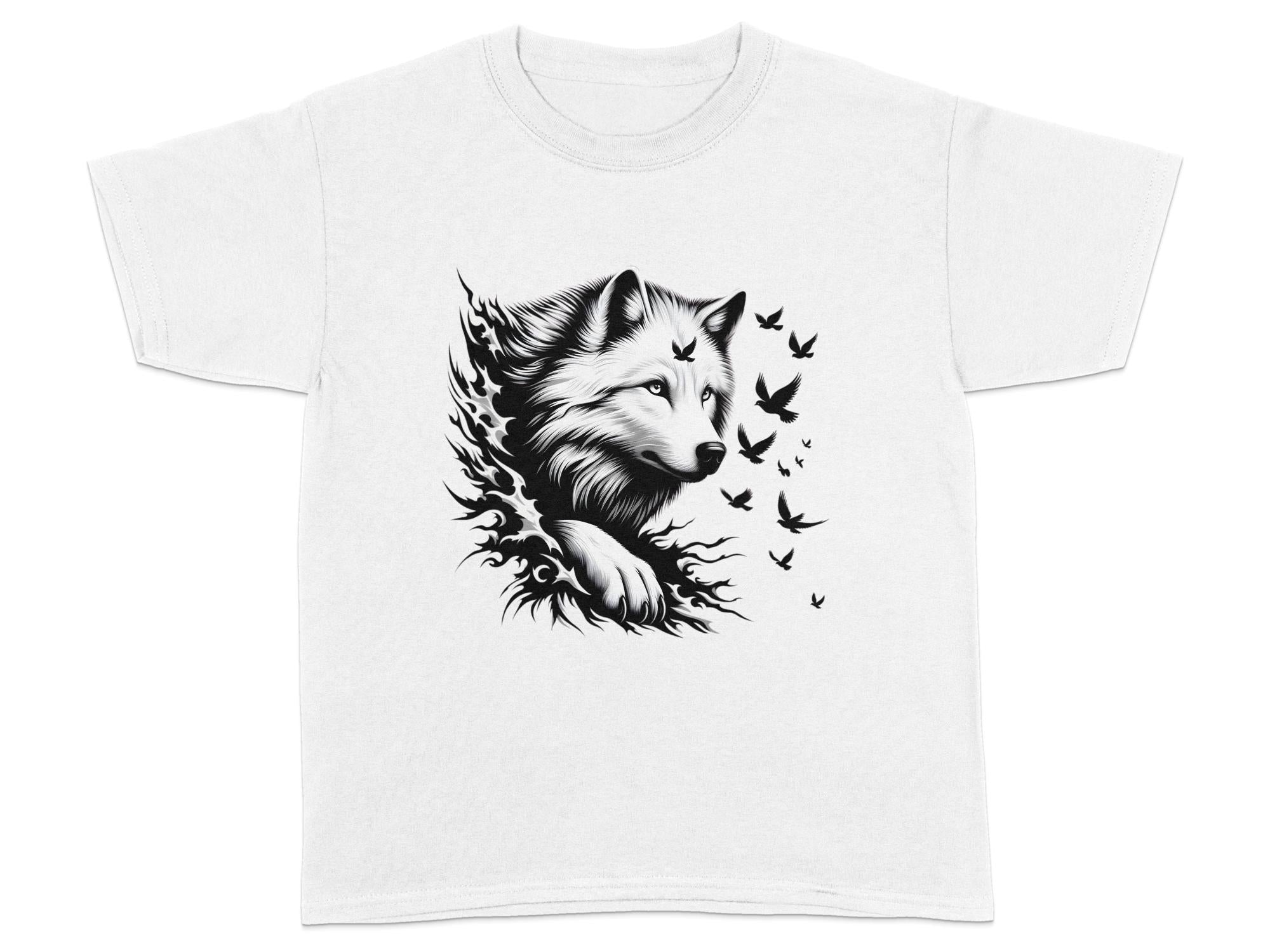 Wolf x Doves - Black White Gildan Kids T-Shirt Realistic Animal Talisman Unisex Tee Graphic Design