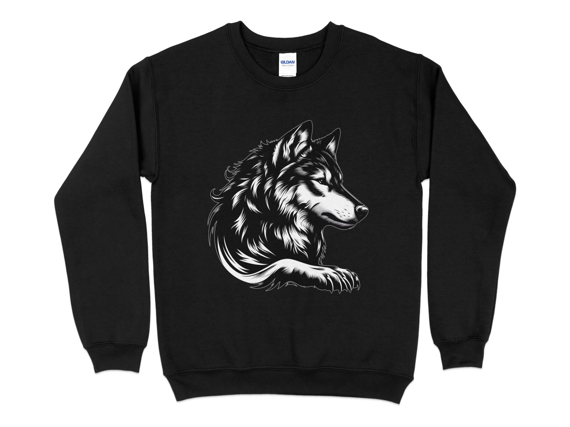 Wolf Tribal - Black White Gildan Sweatshirt Realistic Animal Talisman Unisex Tee Graphic Design