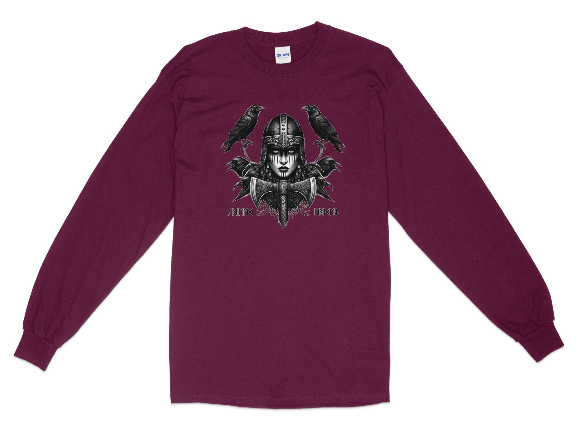 Viking Shield Maiden - Coloured Gildan Long Sleeve Realistic Norse Talisman Men Women Unisex Valhalla Tee Graphic Design