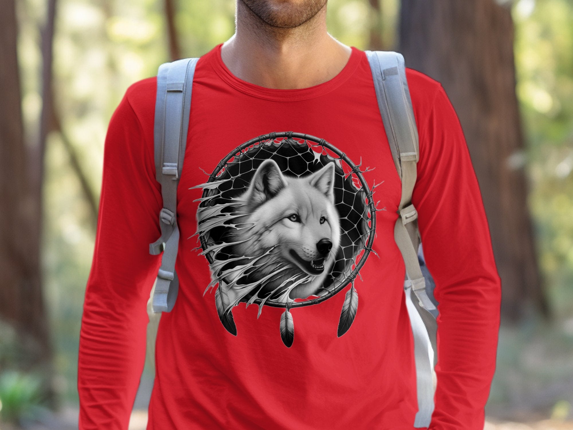 Dreamcatcher Wolf - Coloured Gildan Long Sleeve Realistic Native American Talisman Unisex Mythology Tee Graphic Design