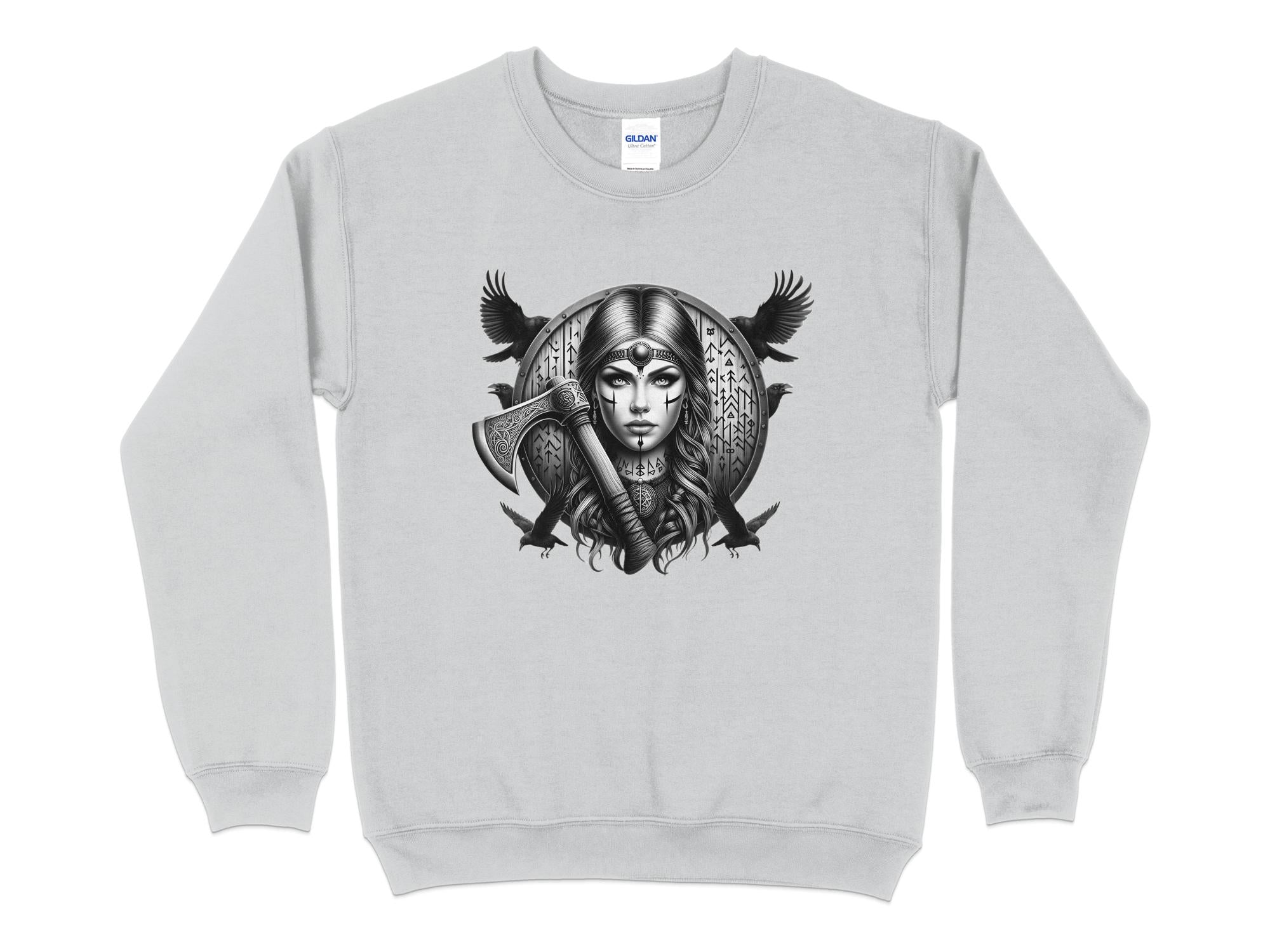 Viking Shield Maiden - Coloured Gildan Sweatshirt Realistic Norse Talisman Men Women Unisex Valhalla Tee Graphic Design