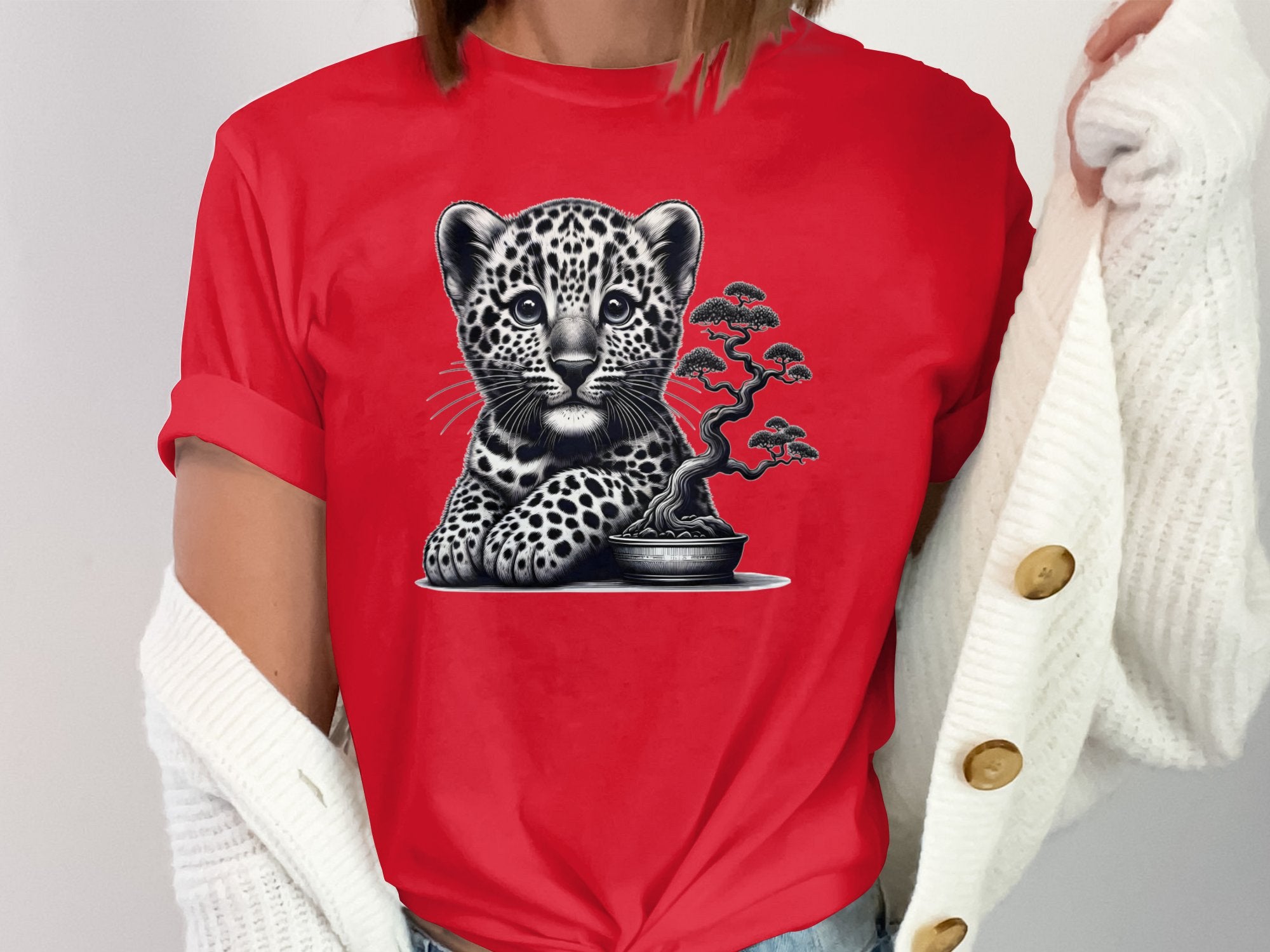 Leopard Bonsai - Coloured Gildan T-Shirt Realistic Animal Talisman Unisex Cute Tee Graphic Design