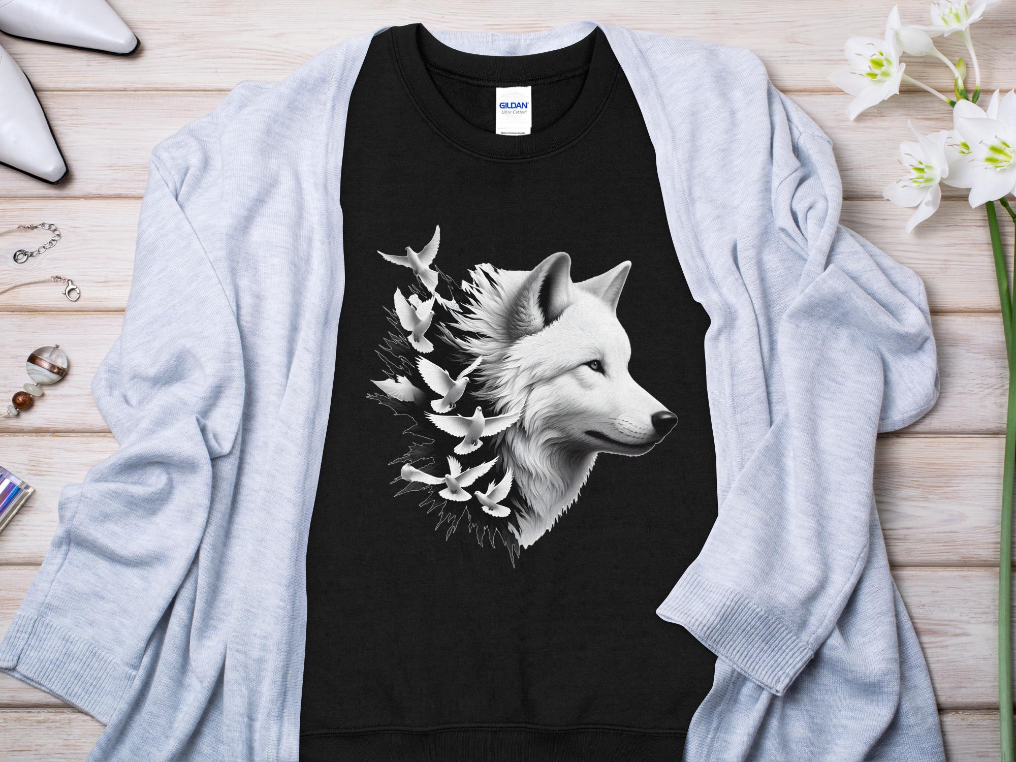 Wolf x Doves - Black White Gildan Sweatshirt Realistic Animal Talisman Unisex Tee Graphic Design