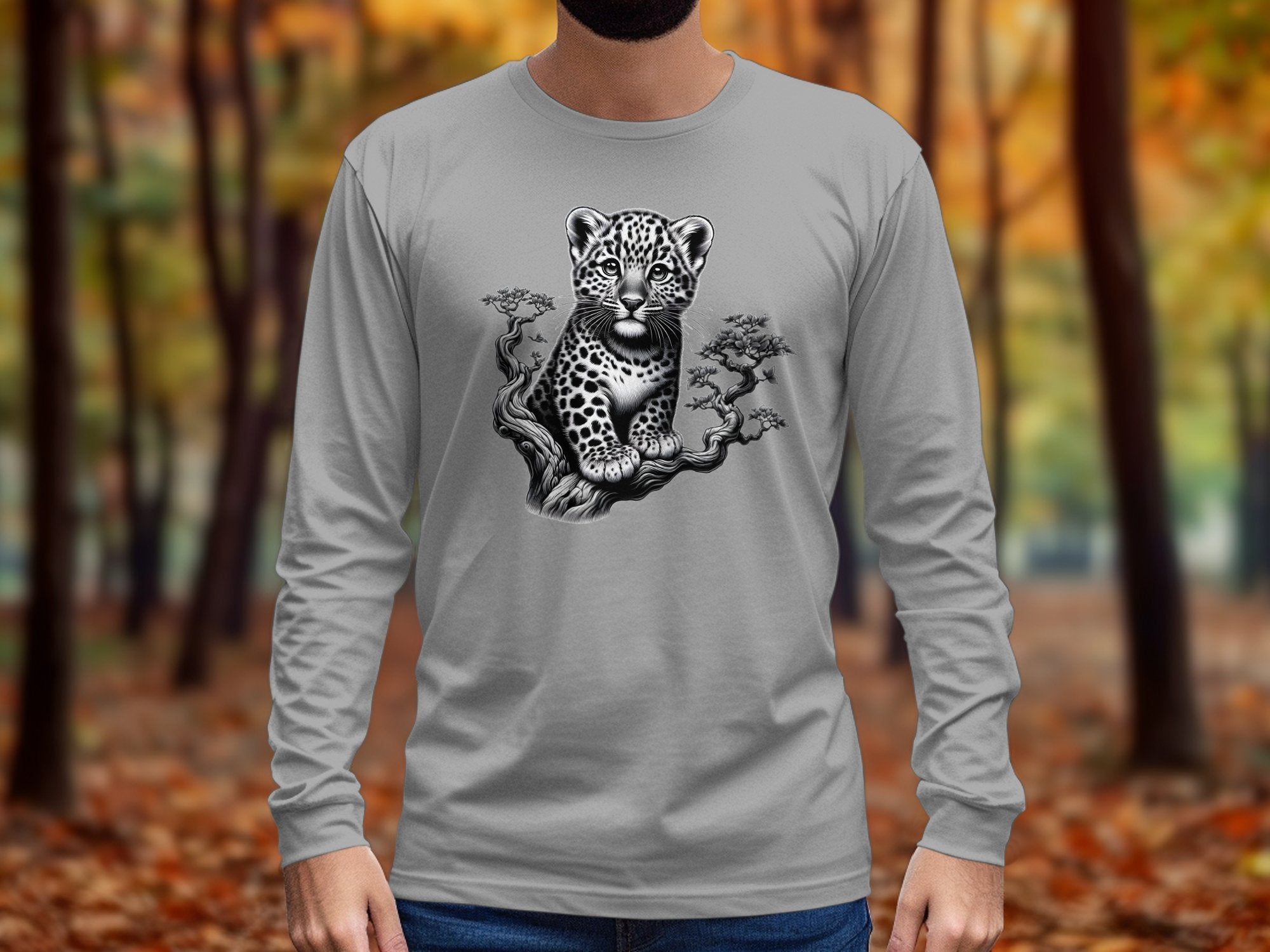 Leopard Bonsai - Coloured Gildan Long Sleeve Realistic Animal Talisman Unisex Cute Tee Graphic Design