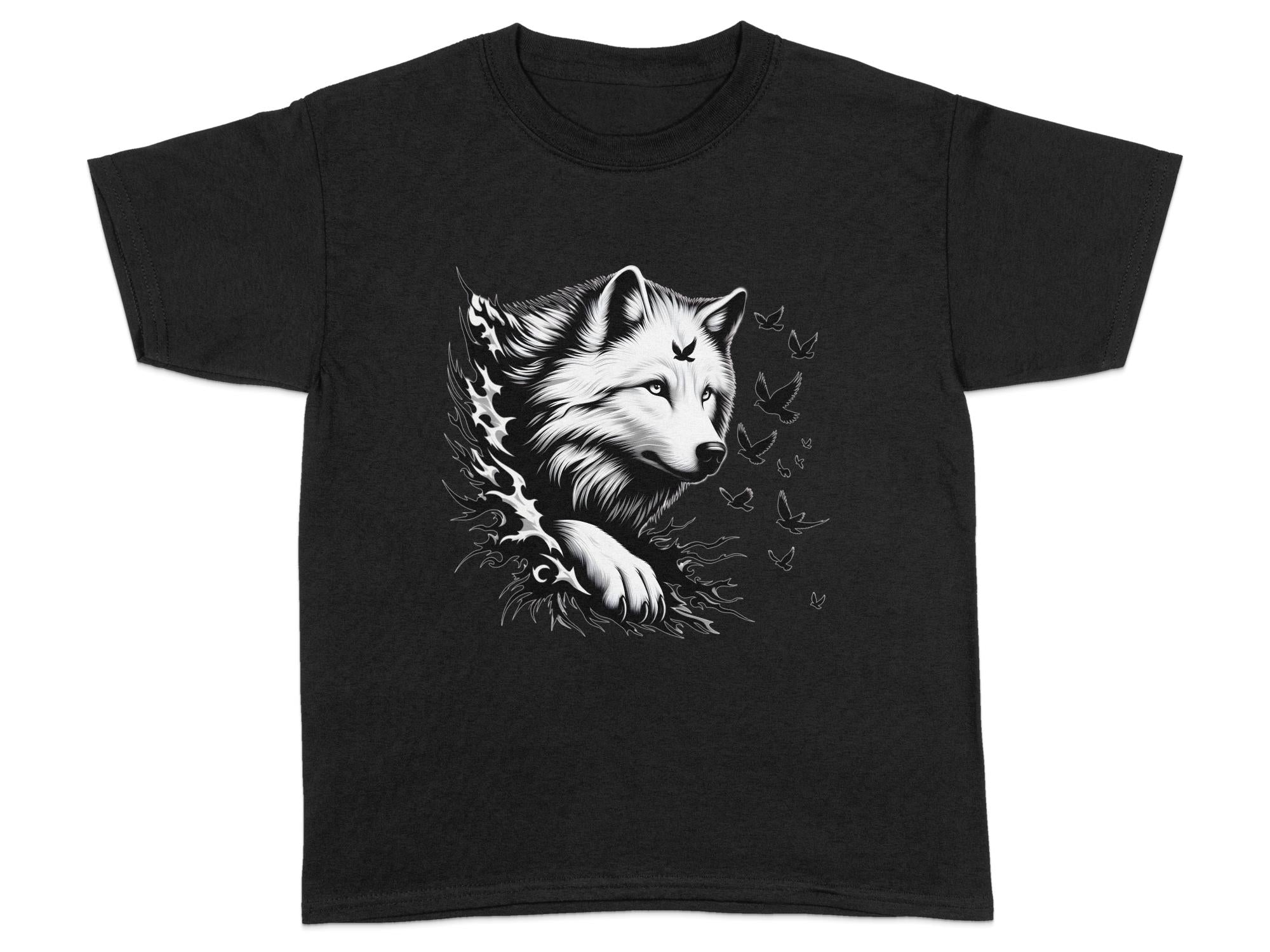 Wolf x Doves - Black White Gildan Kids T-Shirt Realistic Animal Talisman Unisex Tee Graphic Design