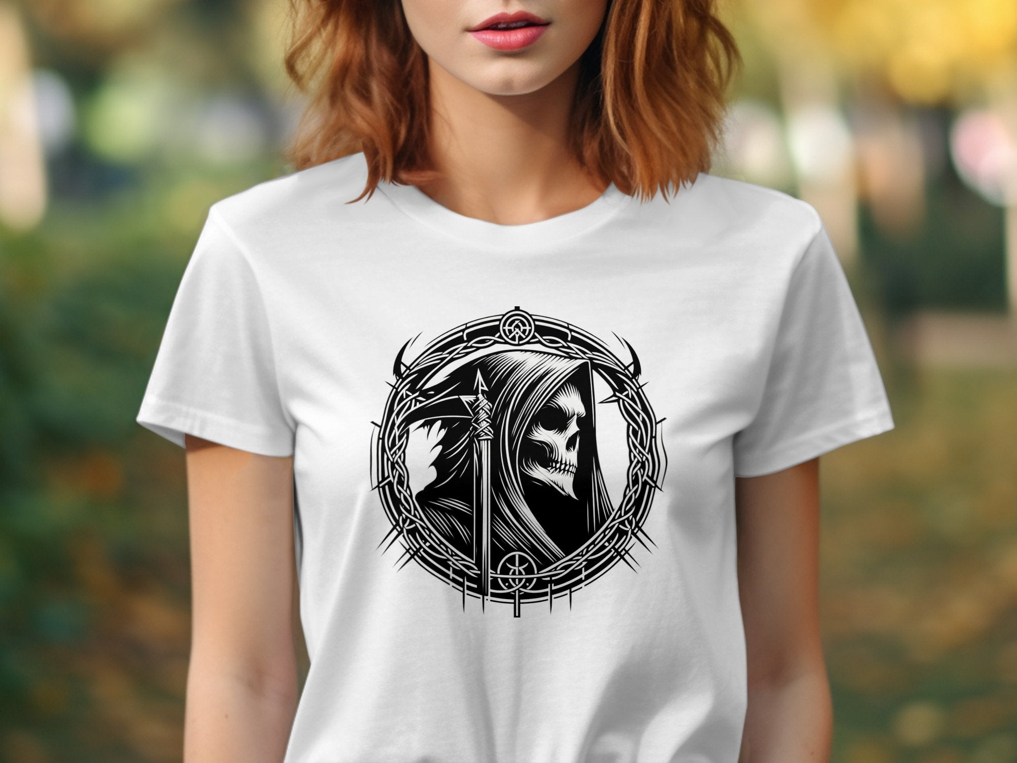 Grim Reaper - Black White Gildan T-Shirt Commemorative Talisman Unisex Tee Graphic Design