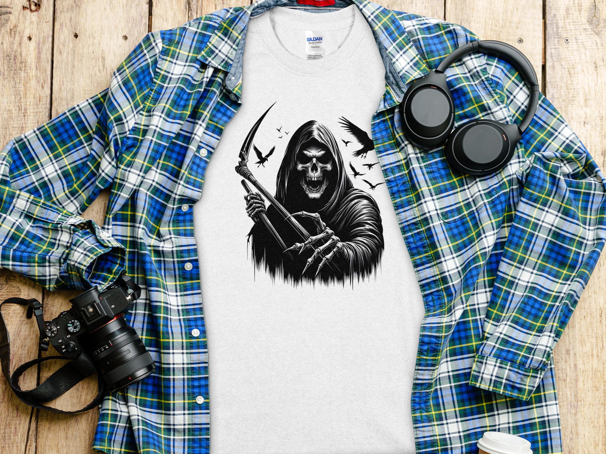 Grim Reaper - Black White Gildan T-Shirt Commemorative Talisman Unisex Tee Graphic Design