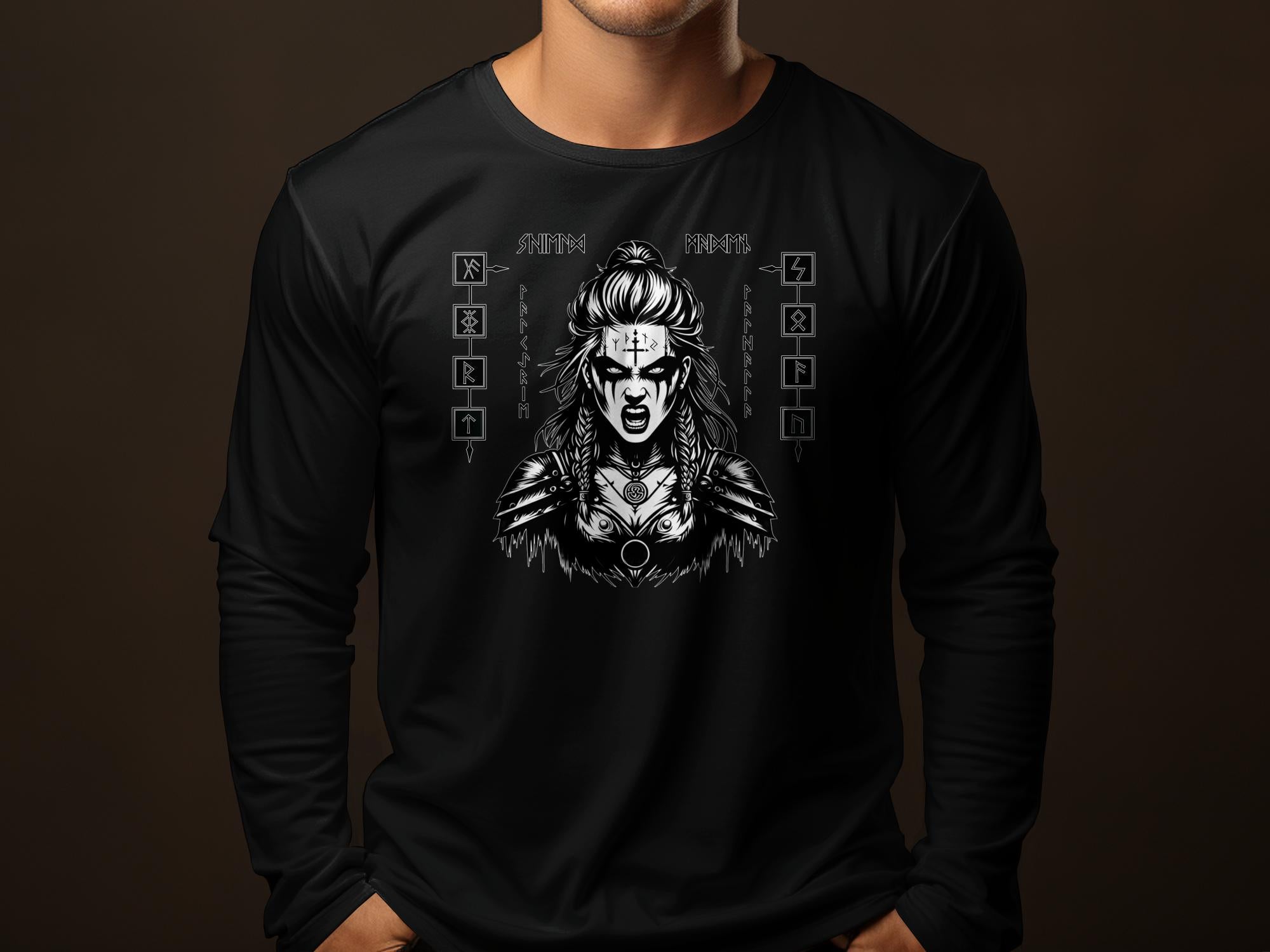 Viking Shield Maiden - Coloured Gildan Long Sleeve Realistic Norse Talisman Men Women Unisex Valhalla Tee Graphic Design