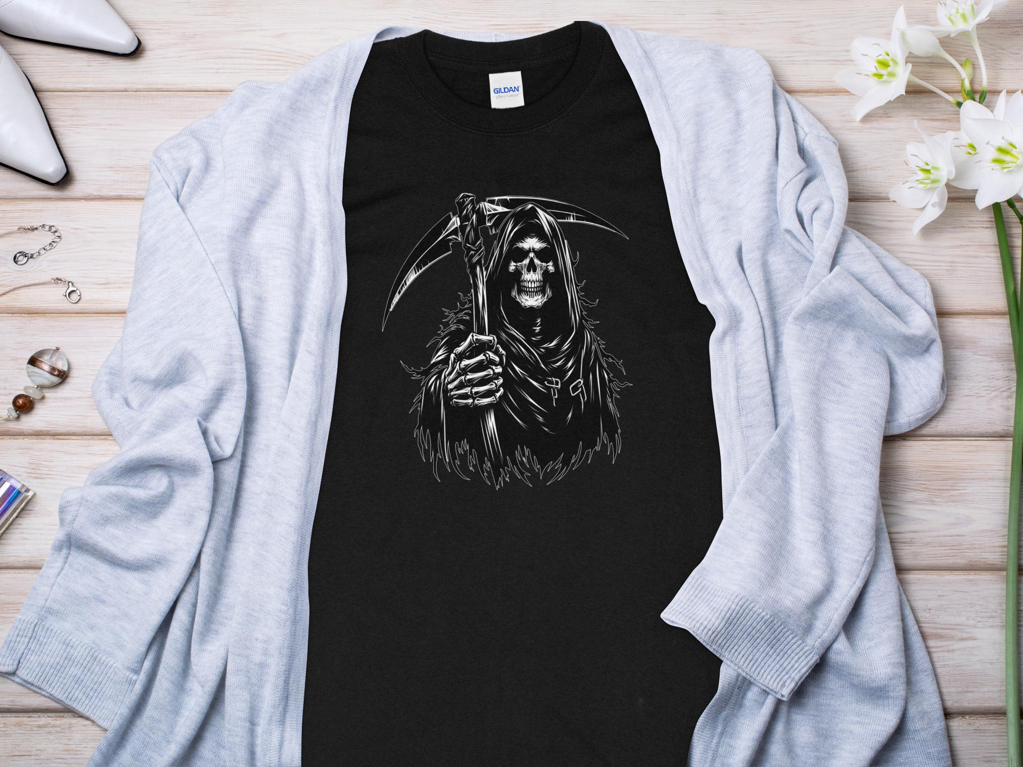 Grim Reaper - Black White Gildan Long Sleeve Commemorative Talisman Unisex Tee Graphic Design