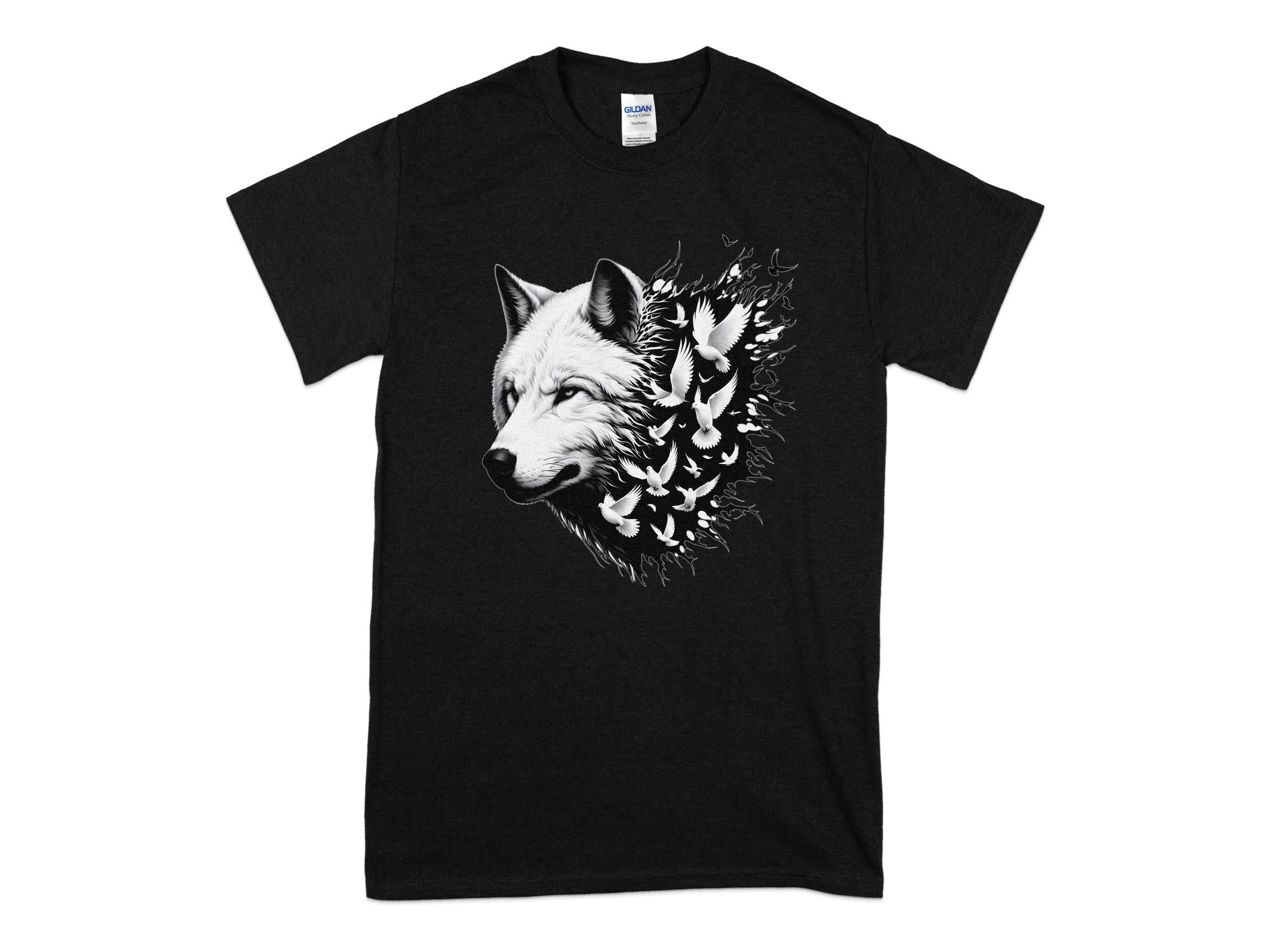 Wolf x Doves - Black White Gildan T-Shirt Realistic Animal Talisman Unisex Tee Graphic Design