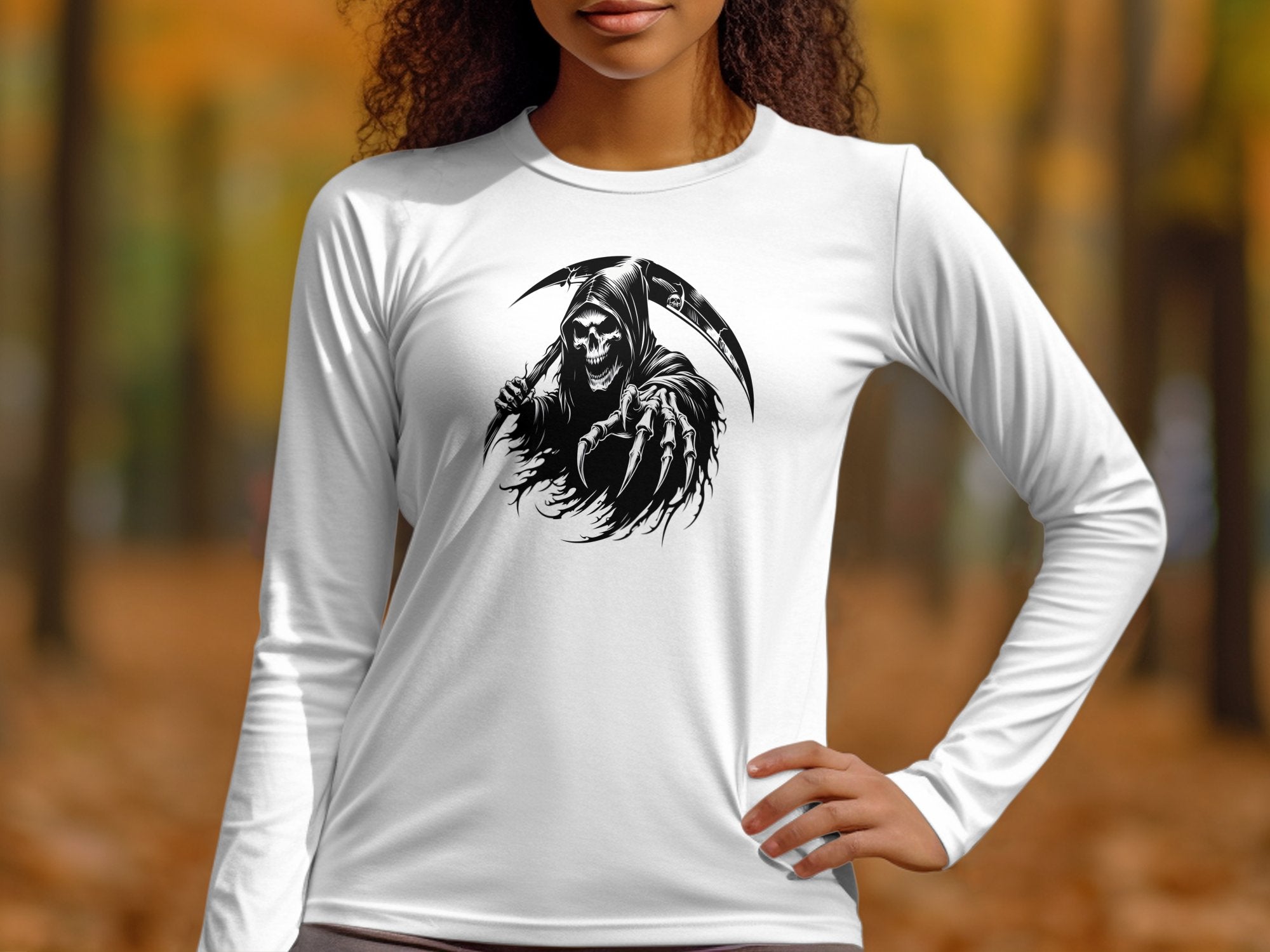 Grim Reaper - Black White Gildan Long Sleeve Commemorative Talisman Unisex Tee Graphic Design