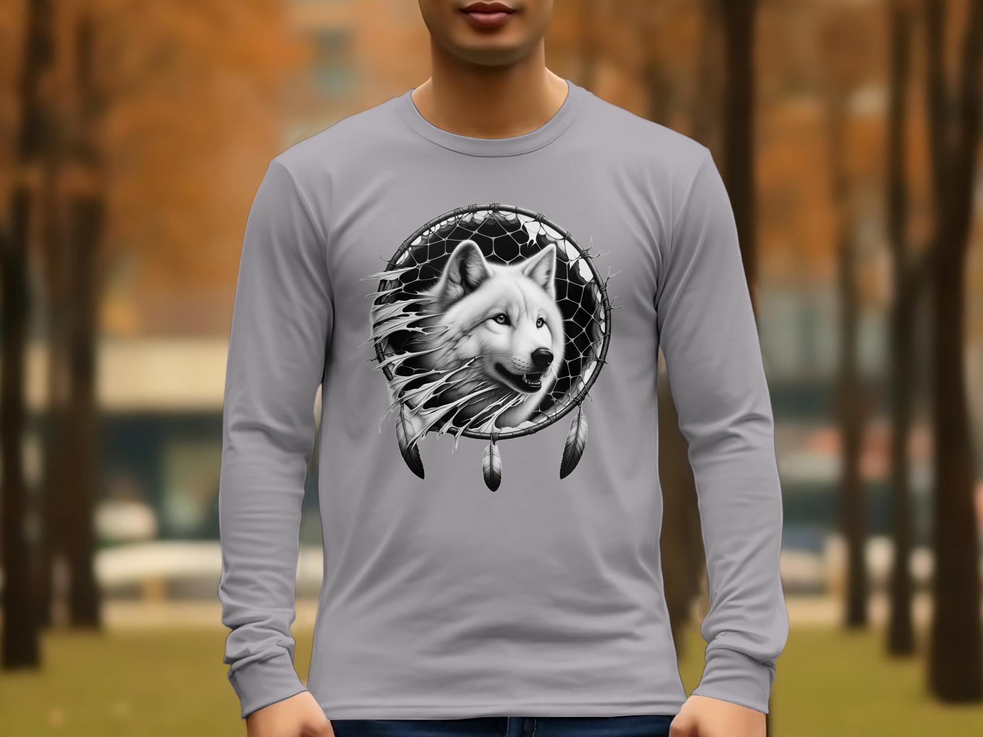 Dreamcatcher Wolf - Coloured Gildan Long Sleeve Realistic Native American Talisman Unisex Mythology Tee Graphic Design