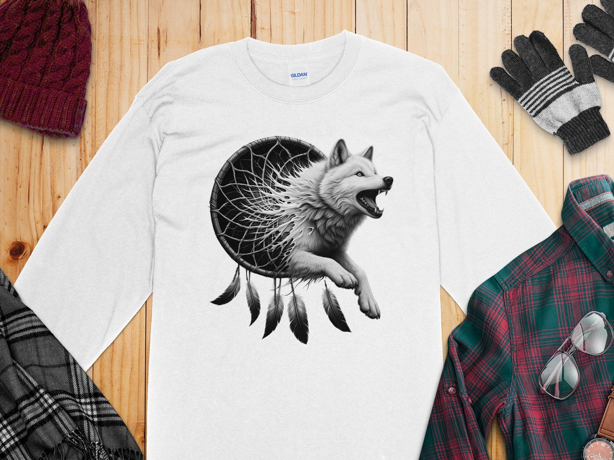 Dreamcatcher Wolf - Coloured Gildan Long Sleeve Realistic Native American Talisman Unisex Mythology Tee Graphic Design