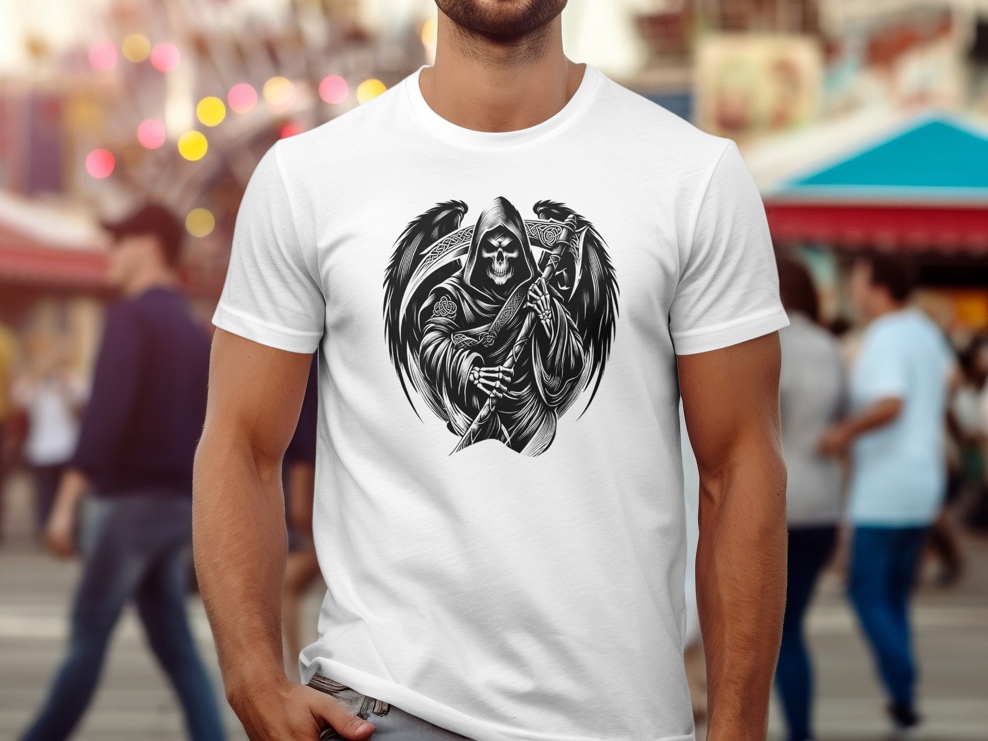 Grim Reaper - Black White Gildan T-Shirt Commemorative Talisman Unisex Tee Graphic Design