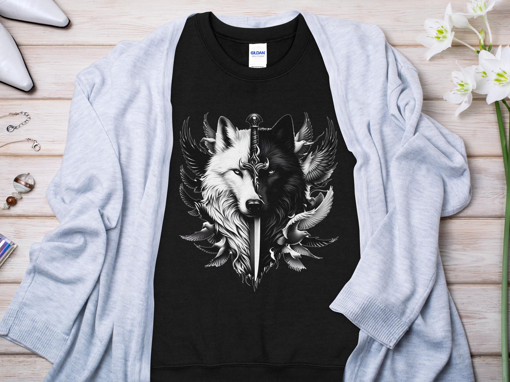 Wolf x Doves - Black White Gildan Sweatshirt Realistic Animal Talisman Unisex Tee Graphic Design