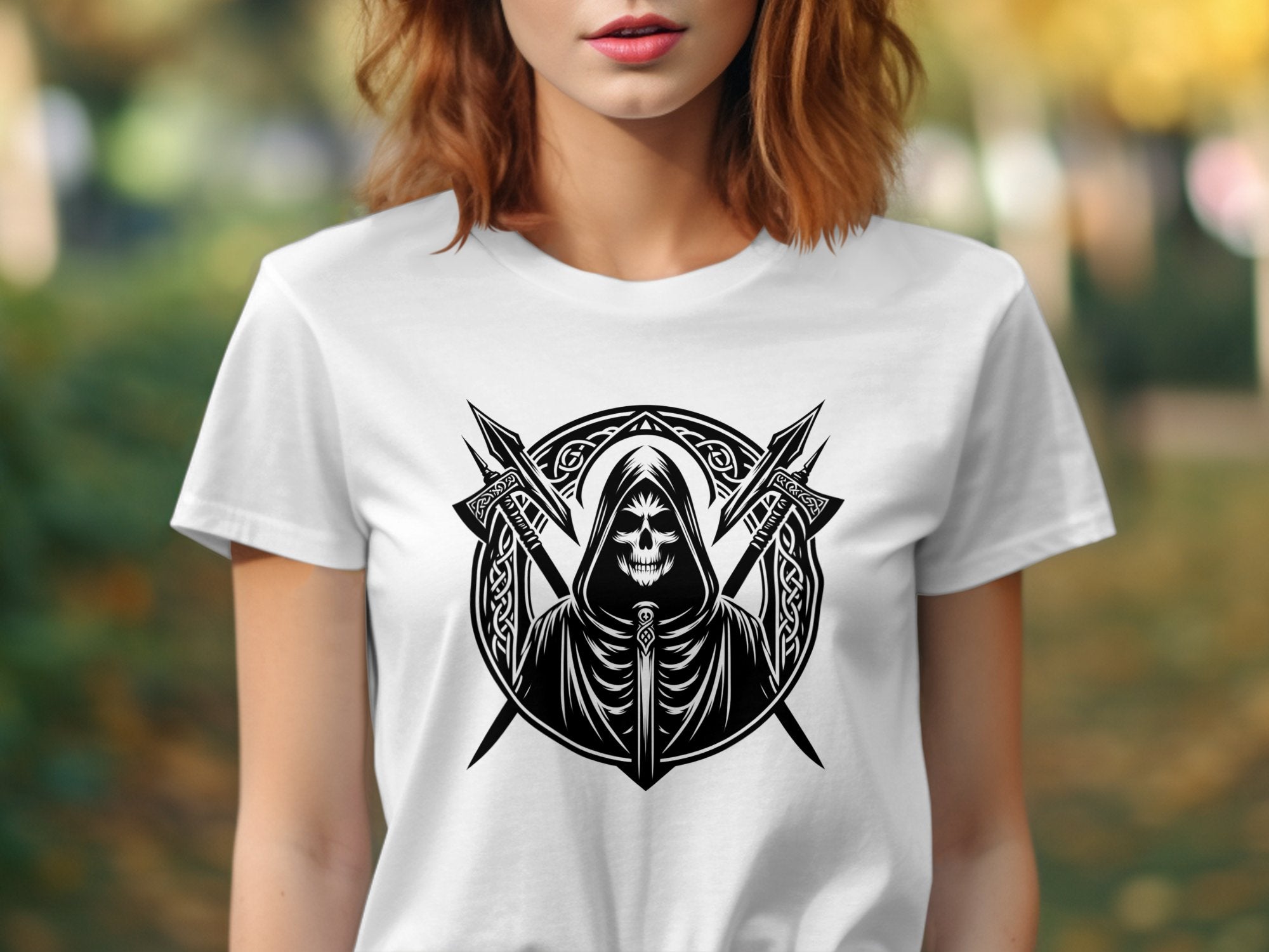 Grim Reaper - Black White Gildan T-Shirt Commemorative Talisman Unisex Tee Graphic Design