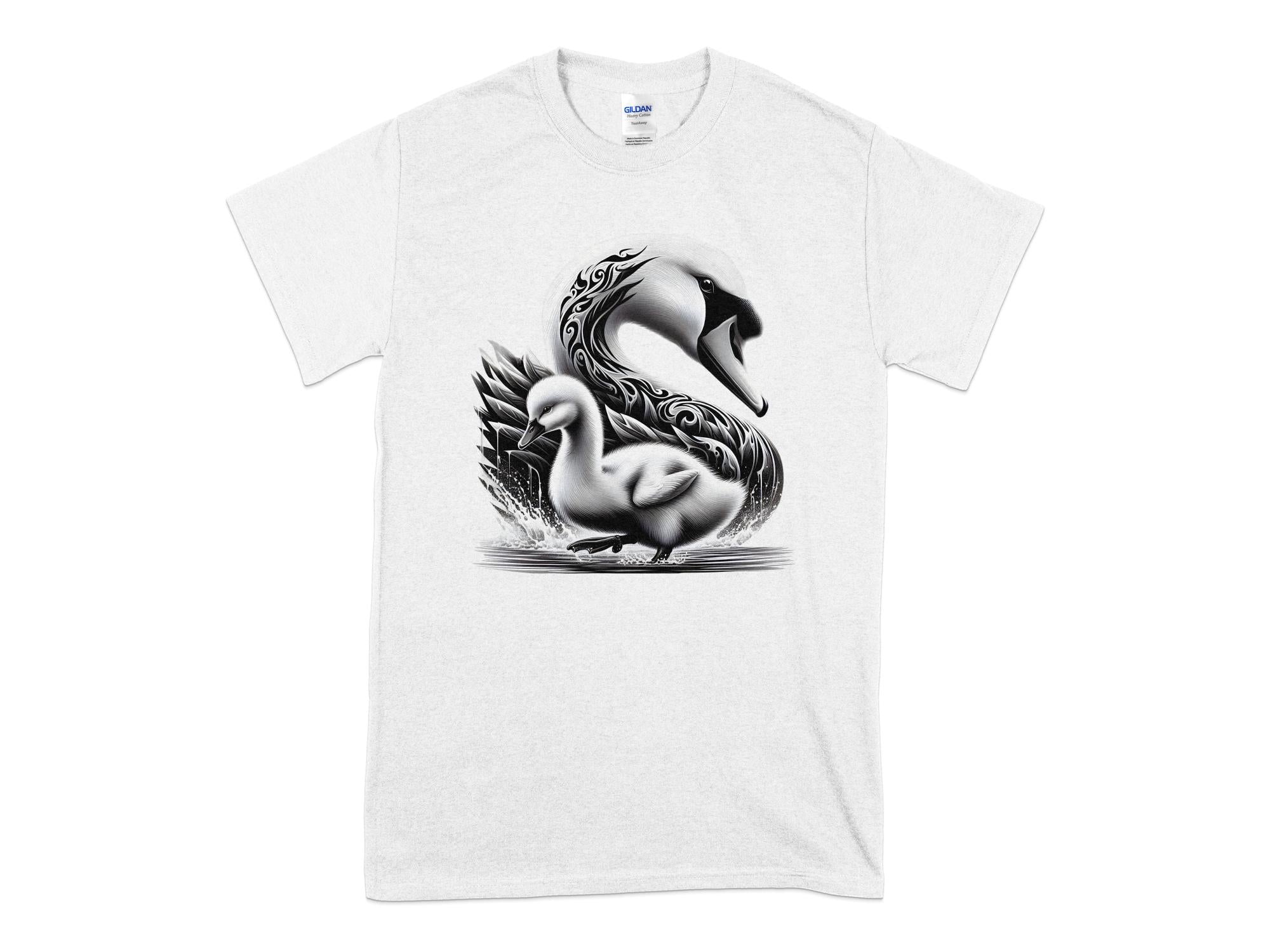 Swan & Cygnet- Black White Gildan T-Shirt Realistic Family Talisman Unisex Tee Graphic Design