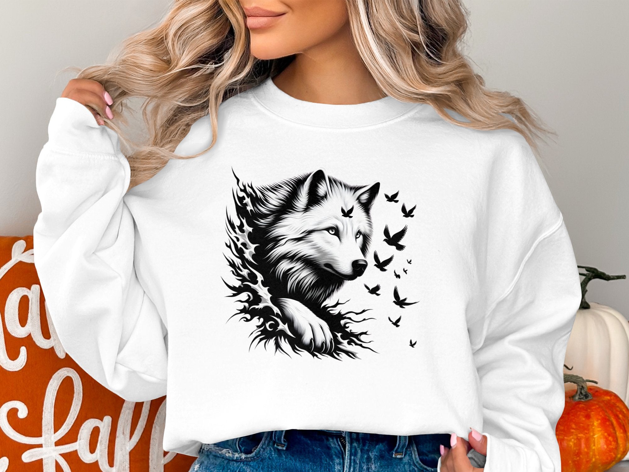 Wolf x Doves - Black White Gildan Sweatshirt Realistic Animal Talisman Unisex Tee Graphic Design