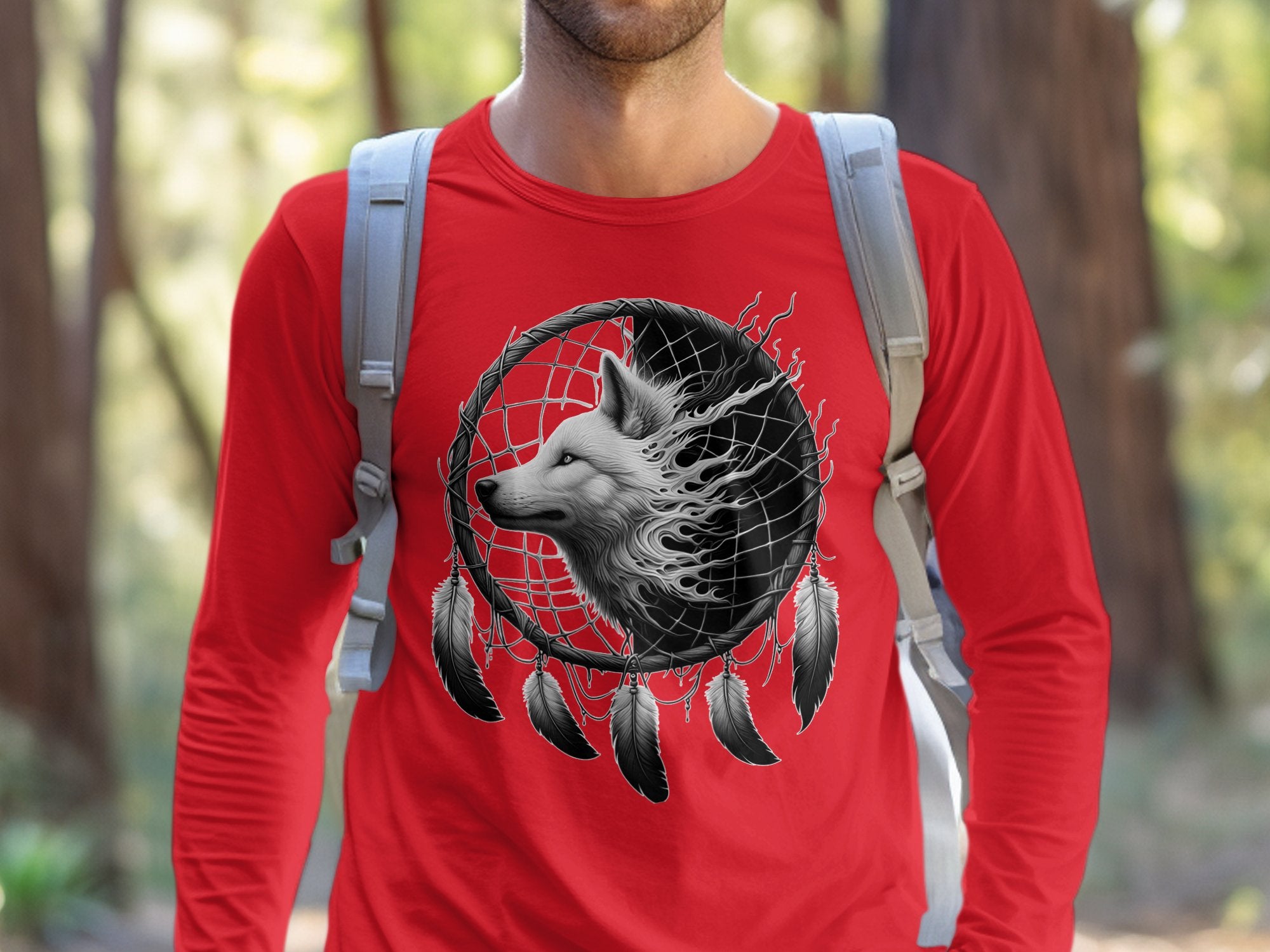 Dreamcatcher Wolf - Coloured Gildan Long Sleeve Realistic Native American Talisman Unisex Mythology Tee Graphic Design