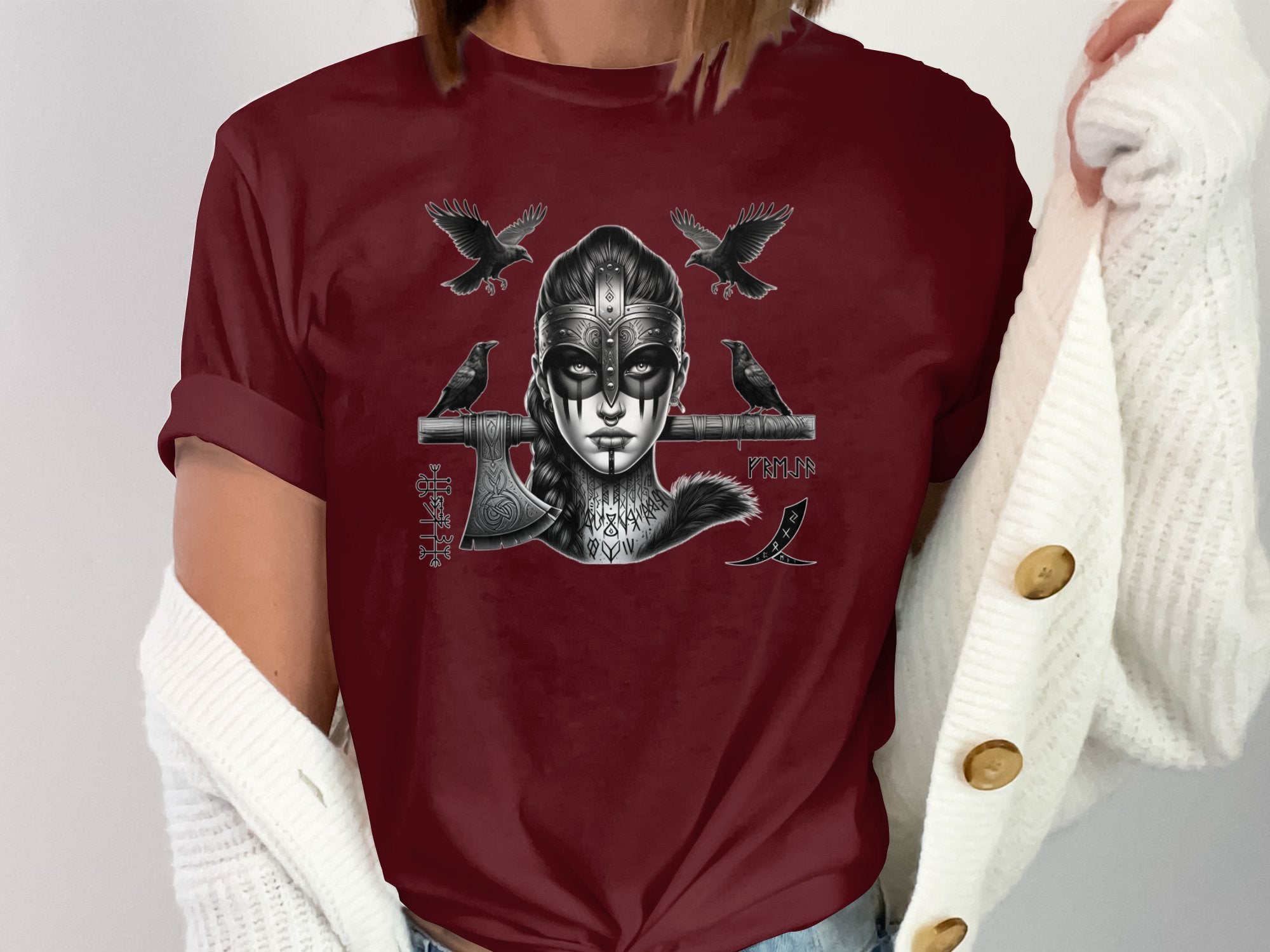 Viking Shield Maiden - Coloured Gildan T Shirt Realistic Norse Talisman Men Women Unisex Valhalla Tee Graphic Design