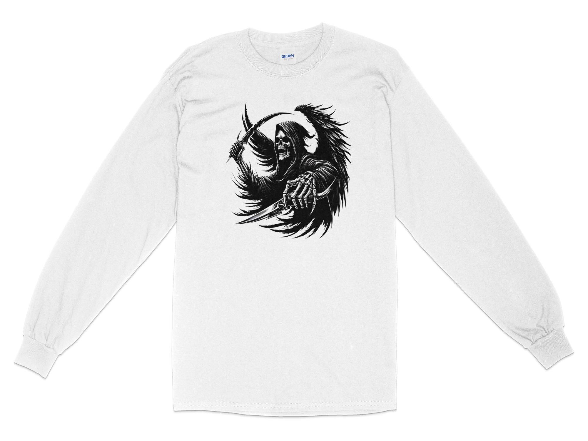 Grim Reaper - Black White Gildan Long Sleeve Commemorative Talisman Unisex Tee Graphic Design