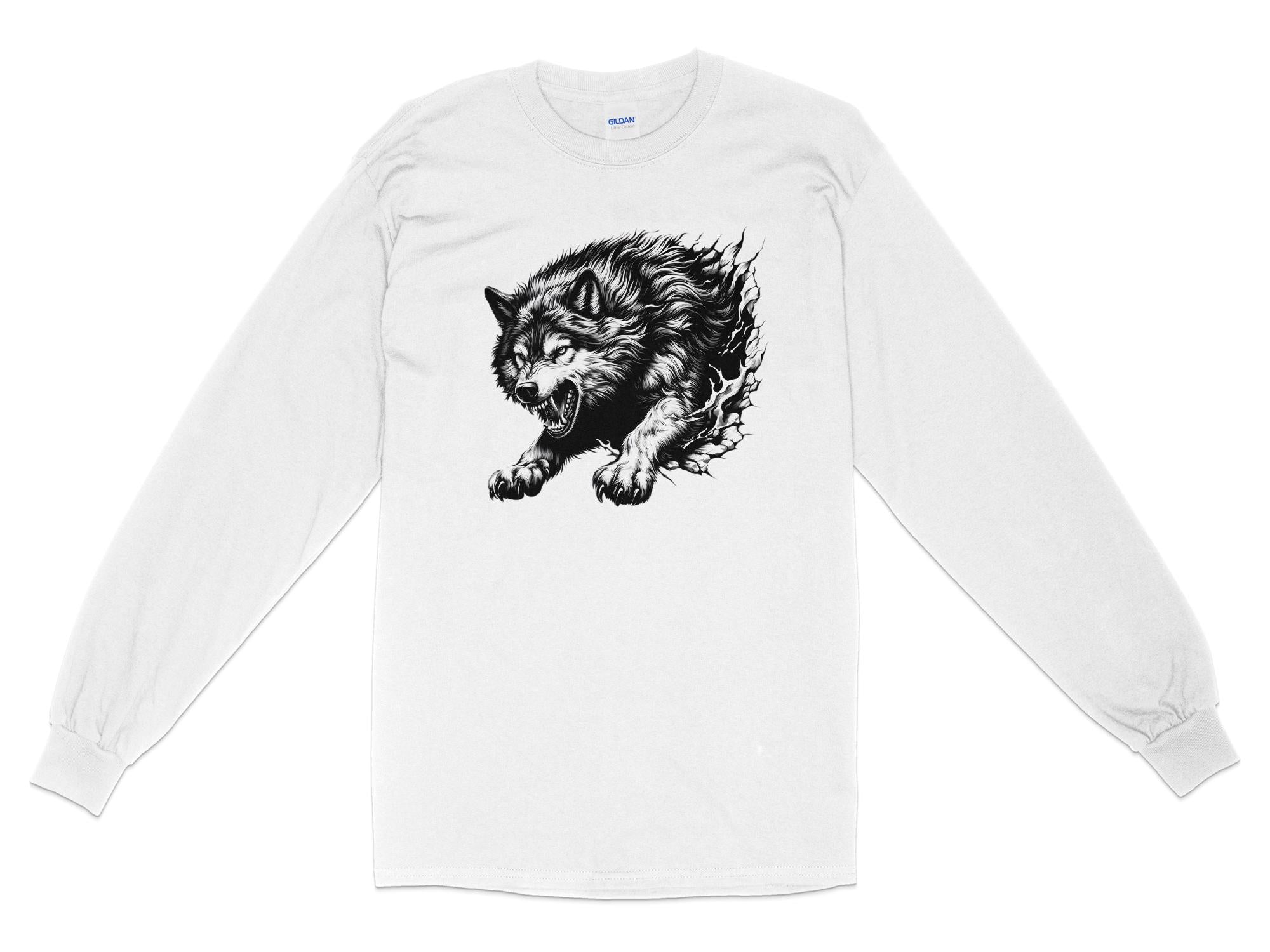 Wolf Tribal - Black White Gildan Long Sleeve Realistic Animal Talisman Unisex Tee Graphic Design