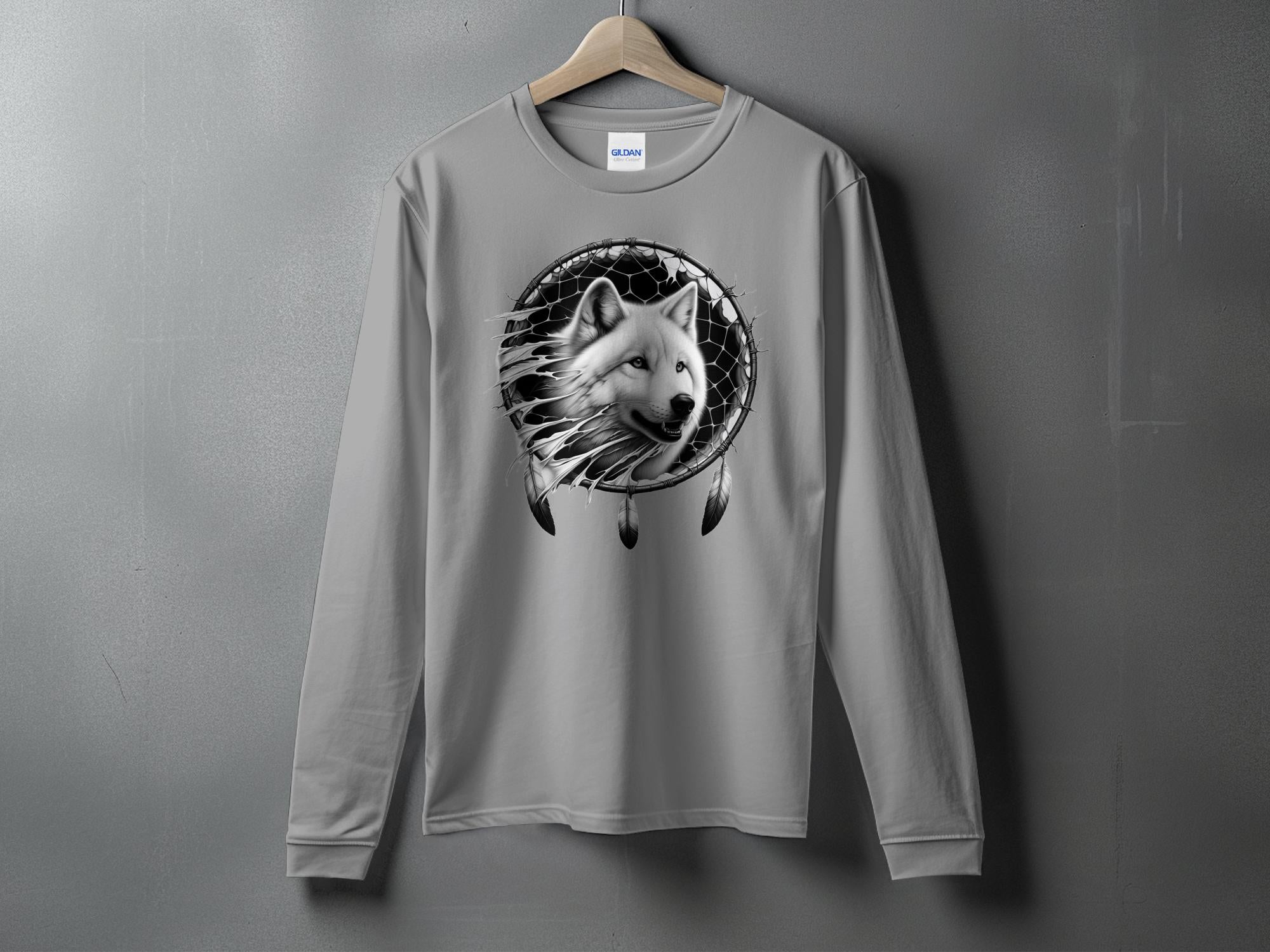 Dreamcatcher Wolf - Coloured Gildan Long Sleeve Realistic Native American Talisman Unisex Mythology Tee Graphic Design