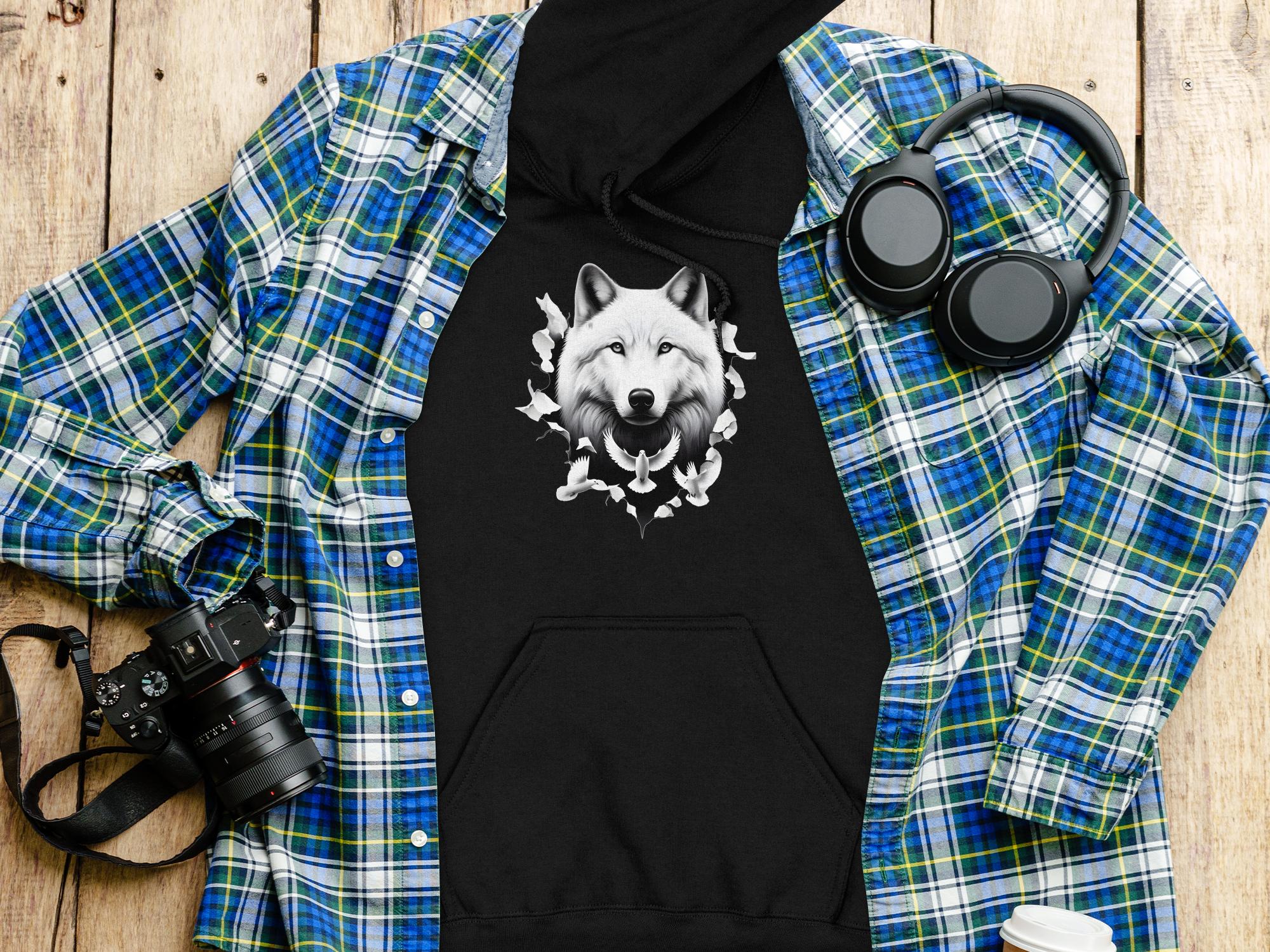 Wolf x Doves - Black White Gildan Hoodie Realistic Animal Talisman Unisex Tee Graphic Design